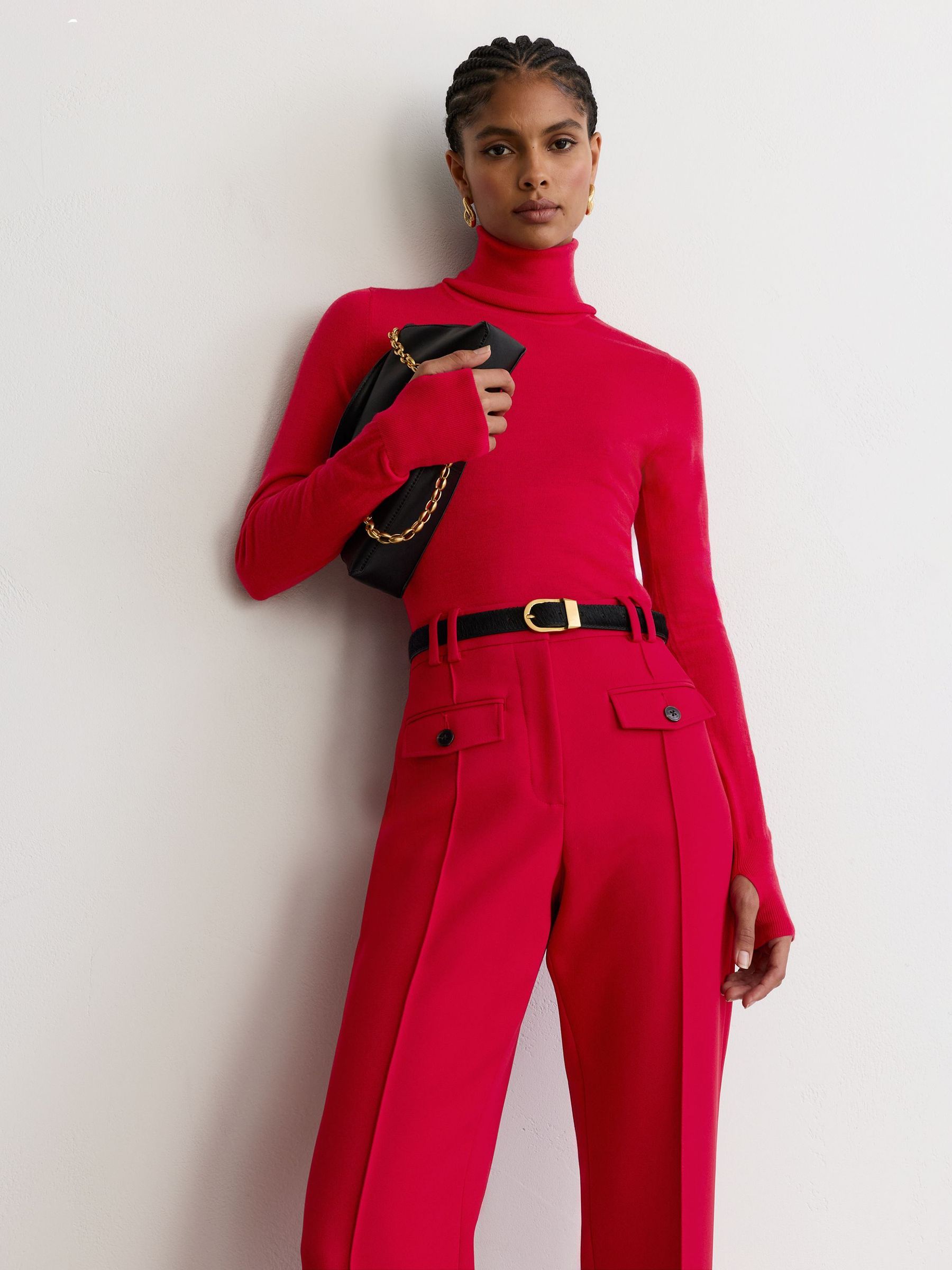 Twin-Pocket High-Rise Flared Trousers in Red - Image 4 of 6