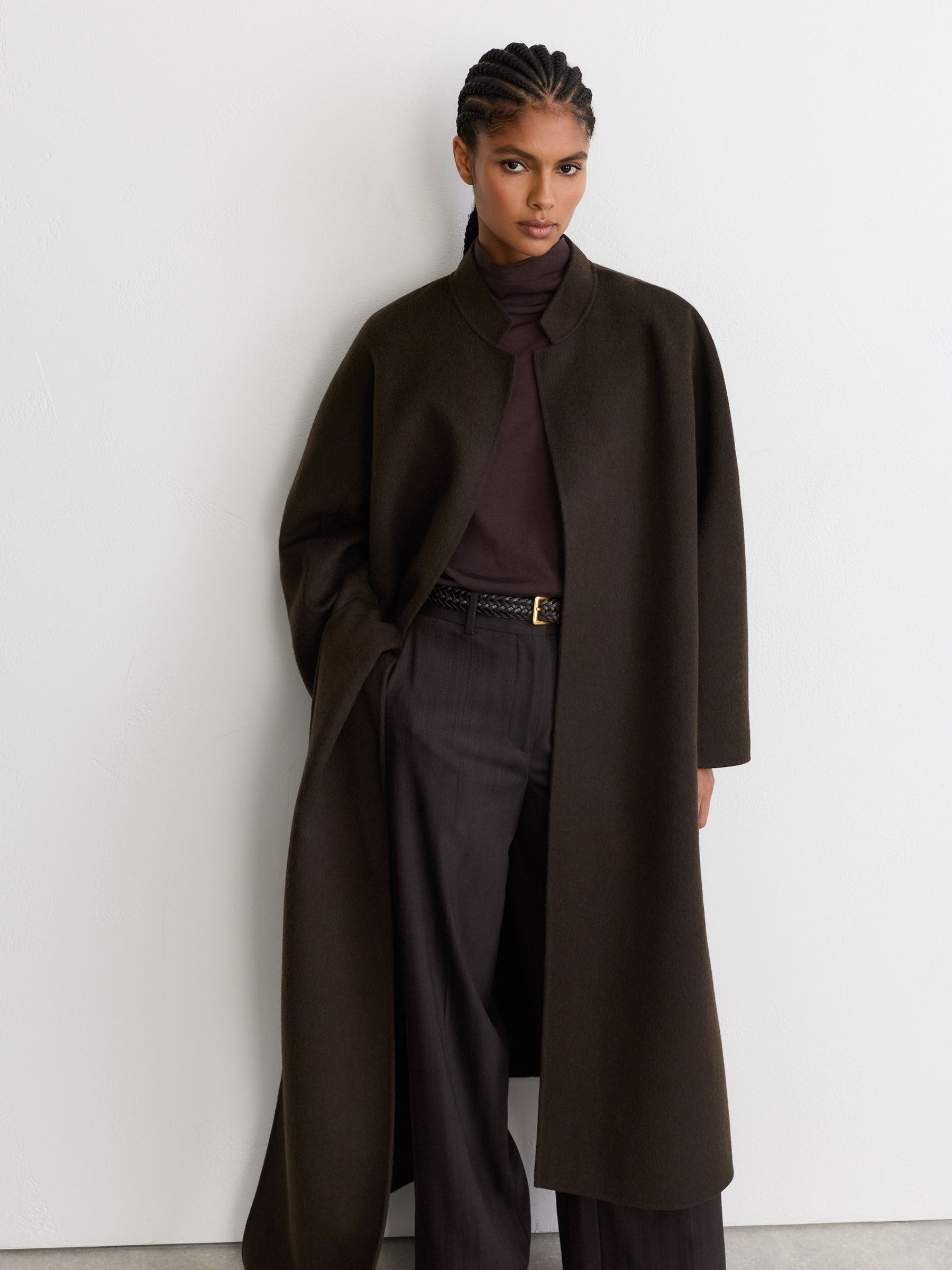 Wool-Blend Long Blind-Seam Scarf Coat in Chocolate Brown - Image 4 of 10