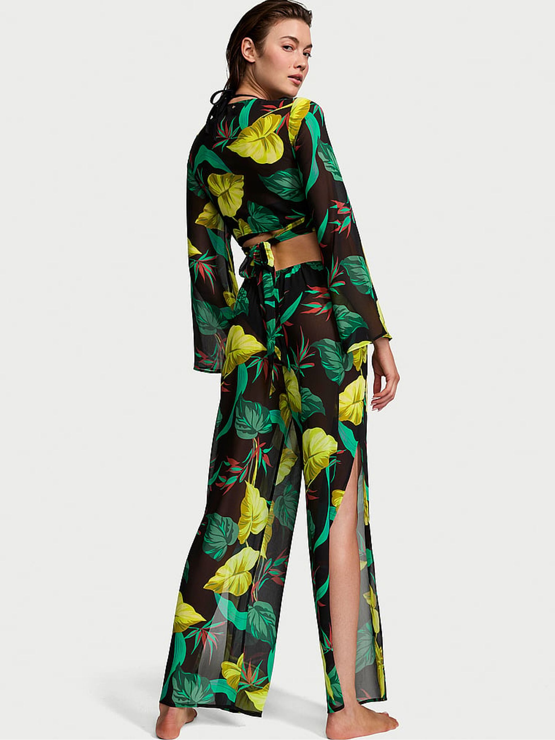 Vintage Leaves Black Sheer Crinkle Cover Up Wrap Top - Image 2 of 3