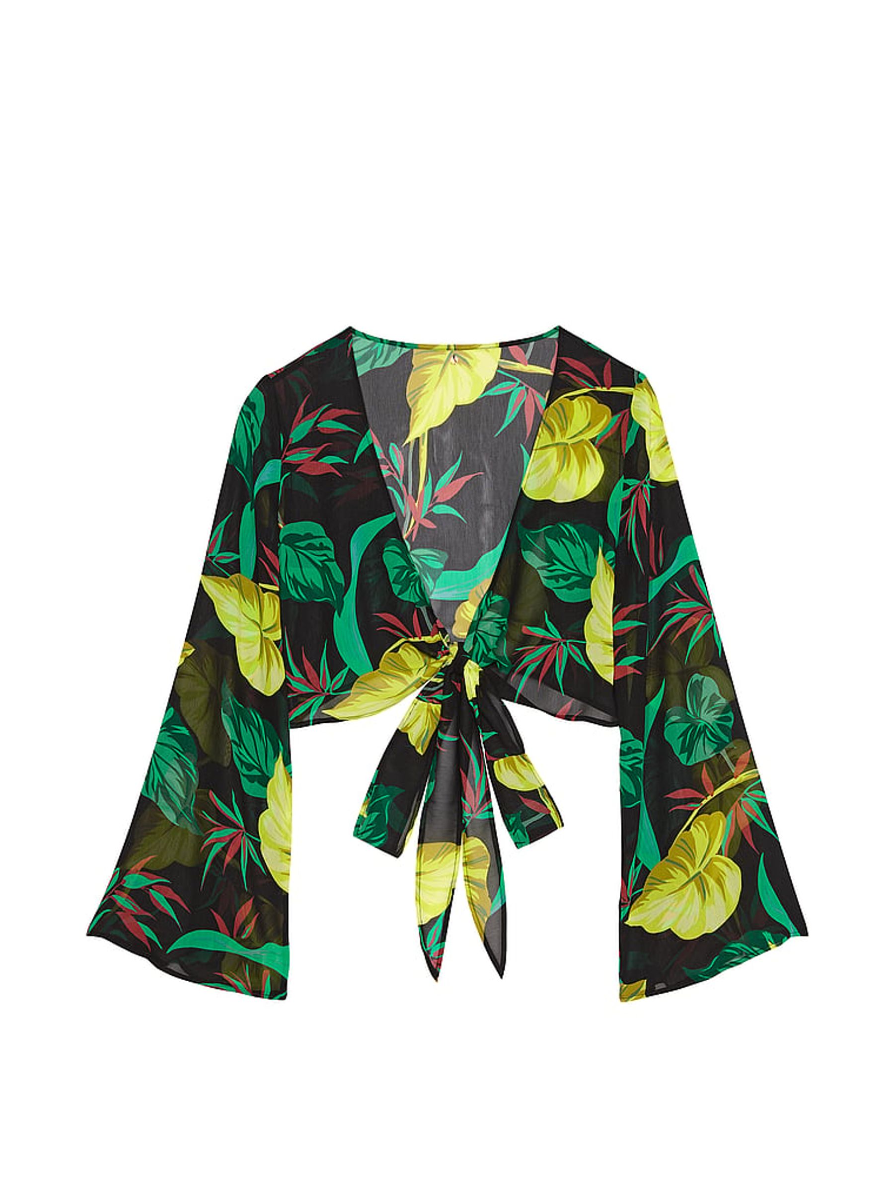 Vintage Leaves Black Sheer Crinkle Cover Up Wrap Top - Image 3 of 3