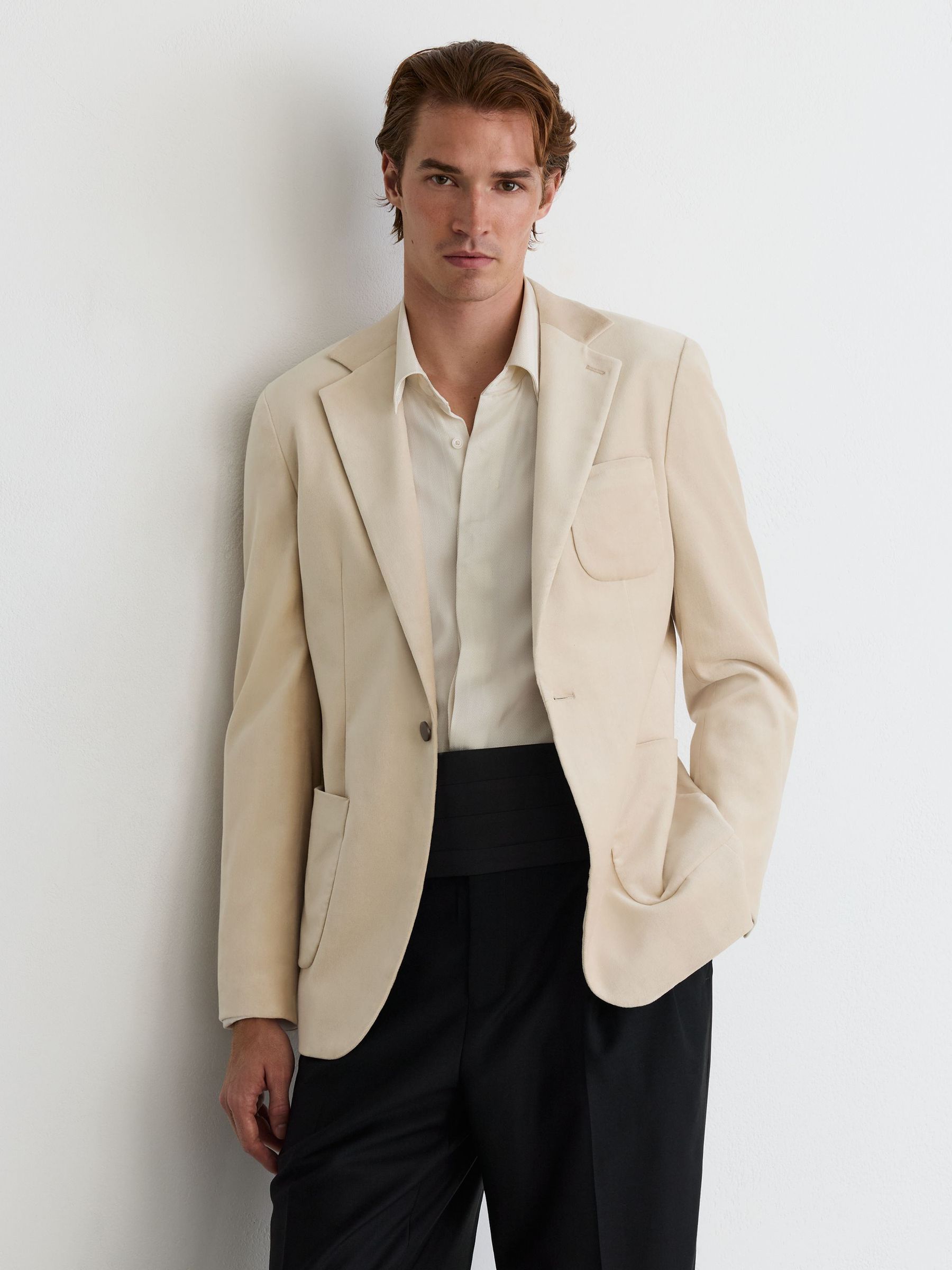 Velvet Single-Breasted Tailored-Fit Blazer in Ivory White - Image 1 of 9 Velvet Single-Breasted Tailored-Fit Blazer in Ivory White - Image 1 of 9