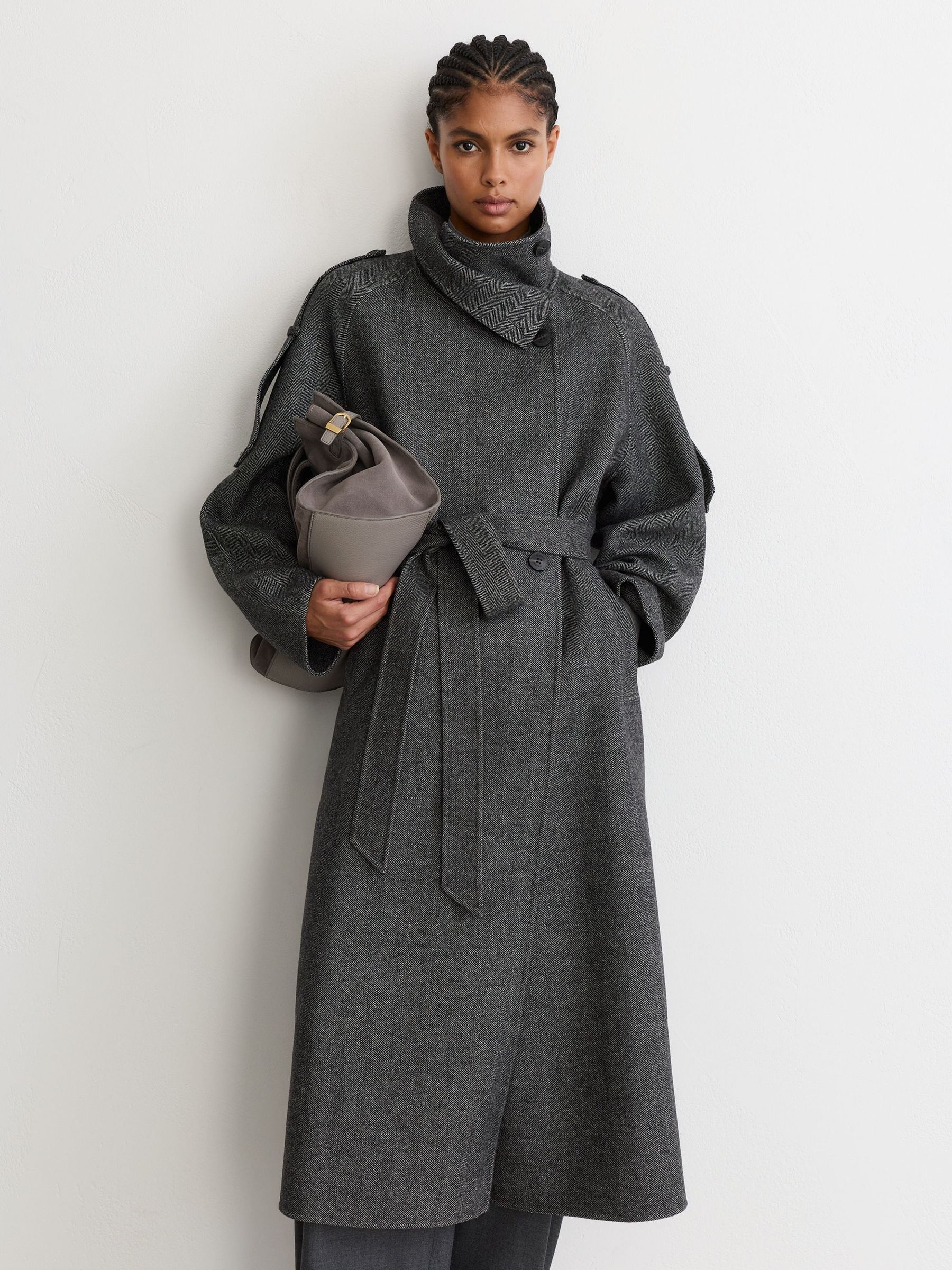Wool-Blend Herringbone Long Trench Coat in Dark Grey - Image 3 of 8