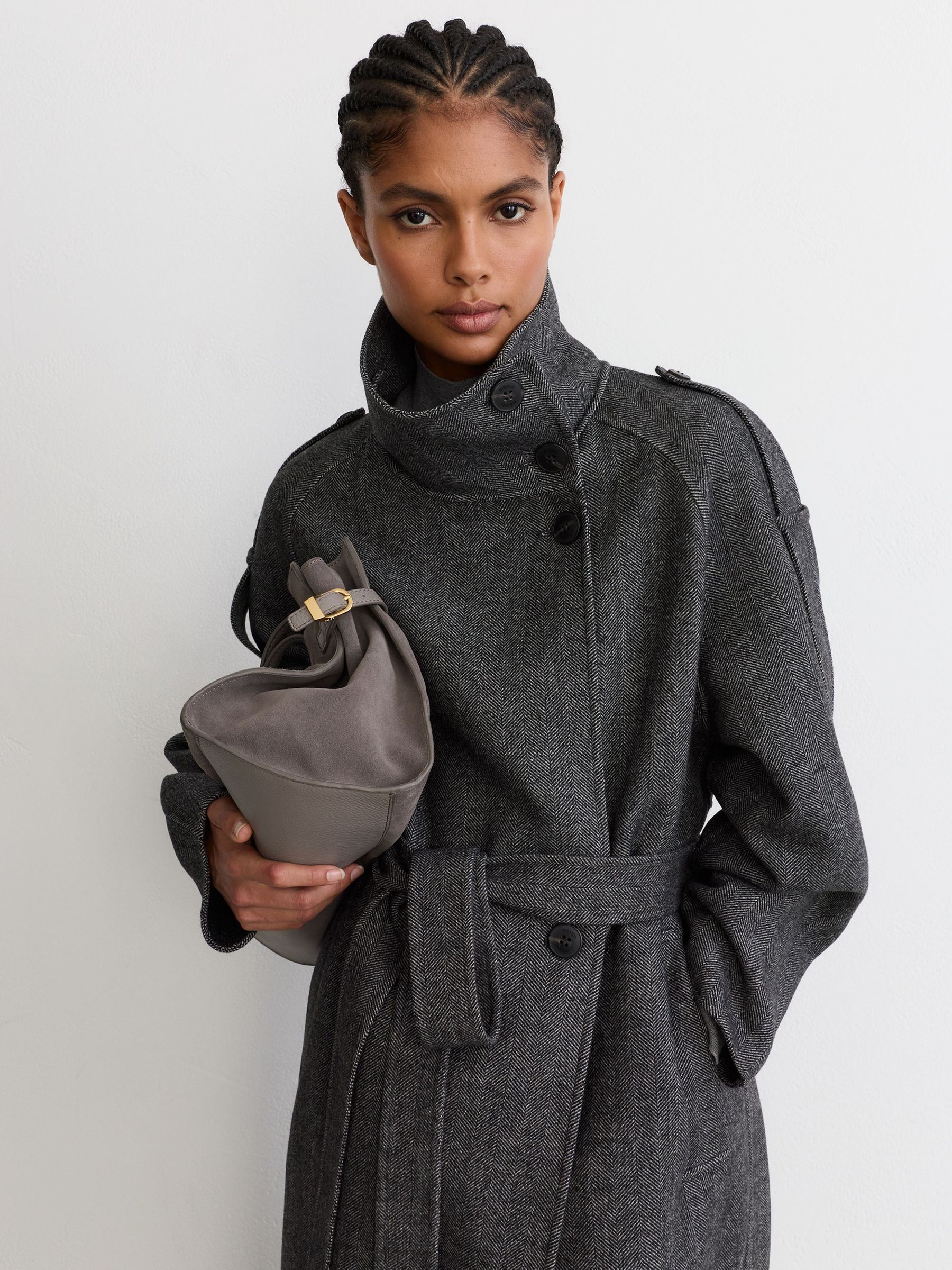 Wool-Blend Herringbone Long Trench Coat in Dark Grey - Image 5 of 8