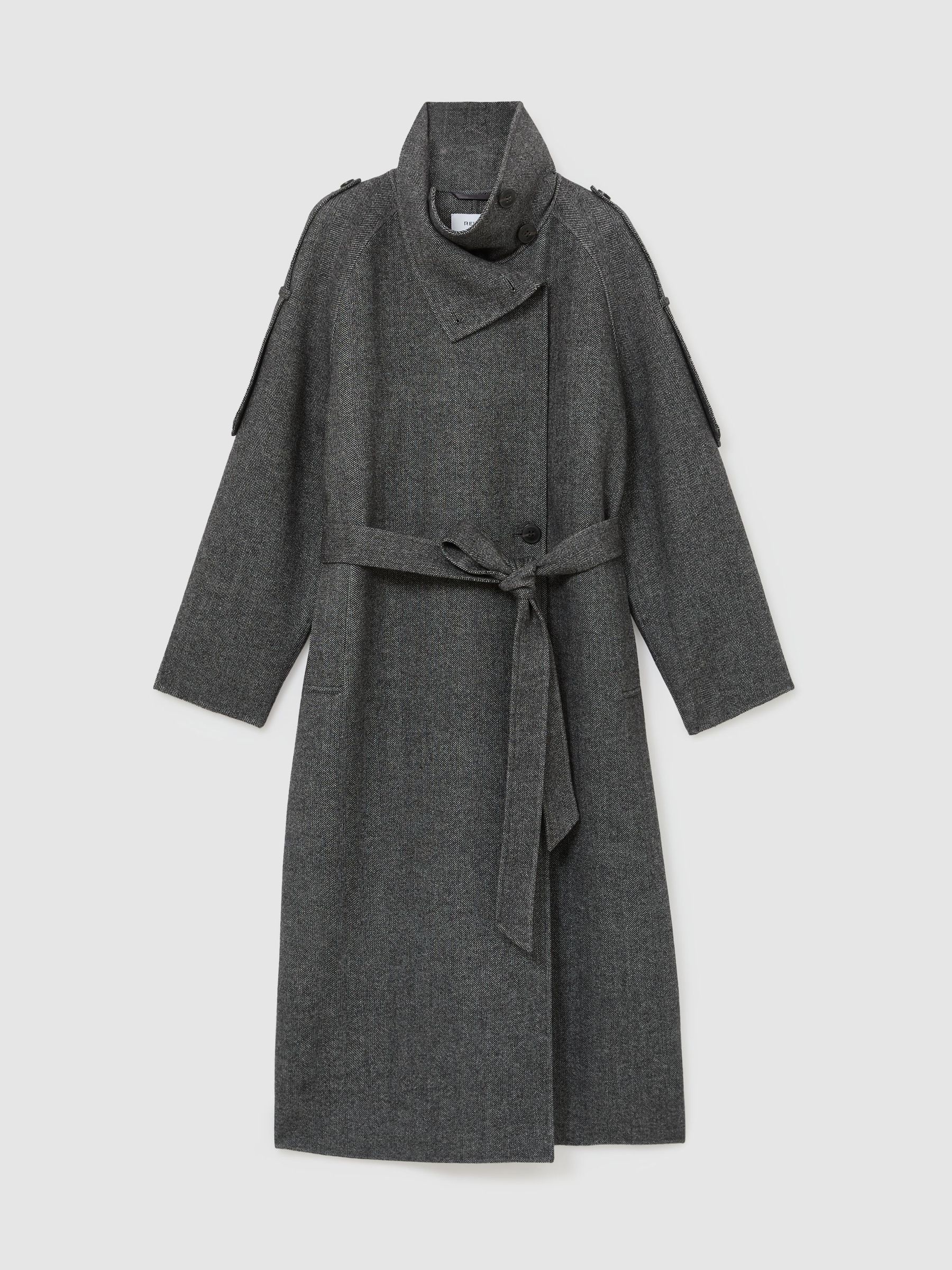 Petite Wool-Blend Herringbone Long Trench Coat in Dark Grey - Image 2 of 10