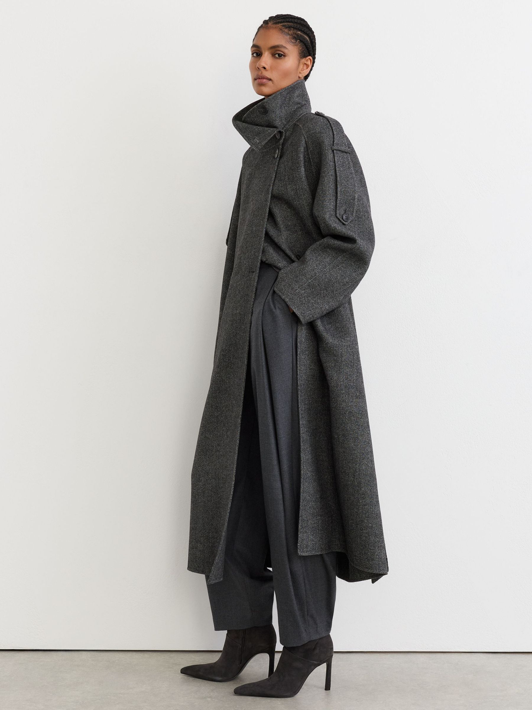 Petite Wool-Blend Herringbone Long Trench Coat in Dark Grey - Image 3 of 10