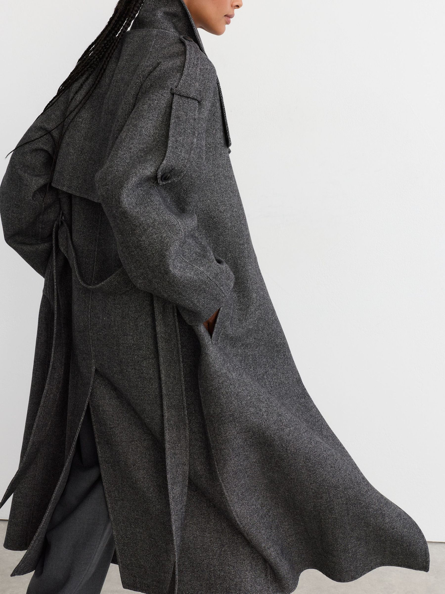 Petite Wool-Blend Herringbone Long Trench Coat in Dark Grey - Image 5 of 10