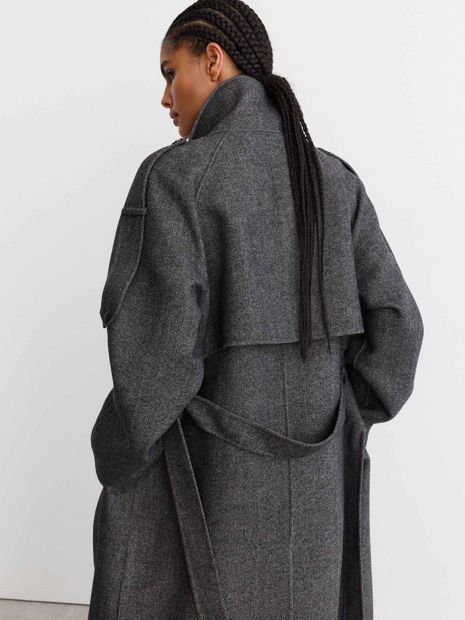 Petite Wool-Blend Herringbone Long Trench Coat in Dark Grey - Image 7 of 10