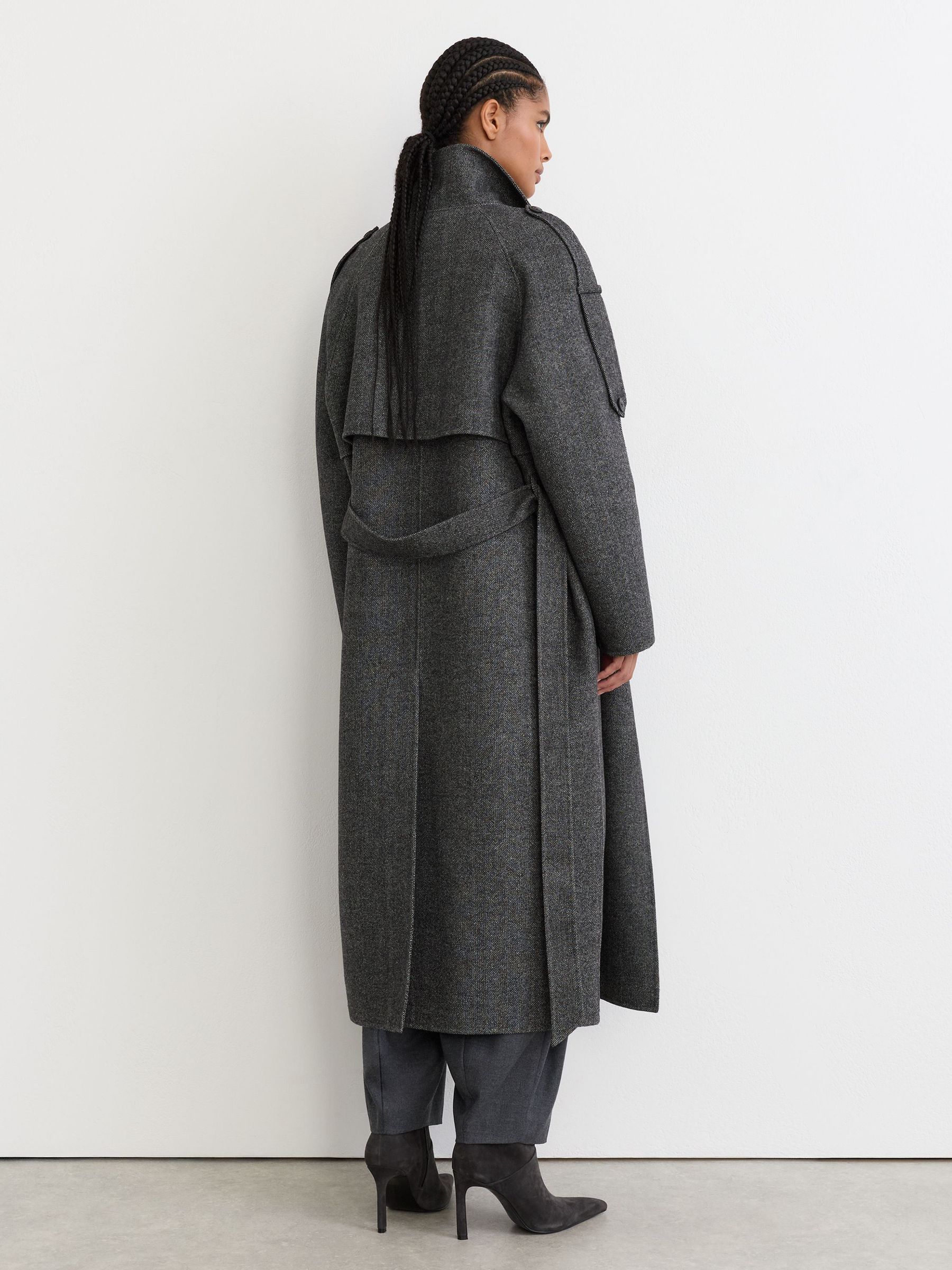 Petite Wool-Blend Herringbone Long Trench Coat in Dark Grey - Image 8 of 10