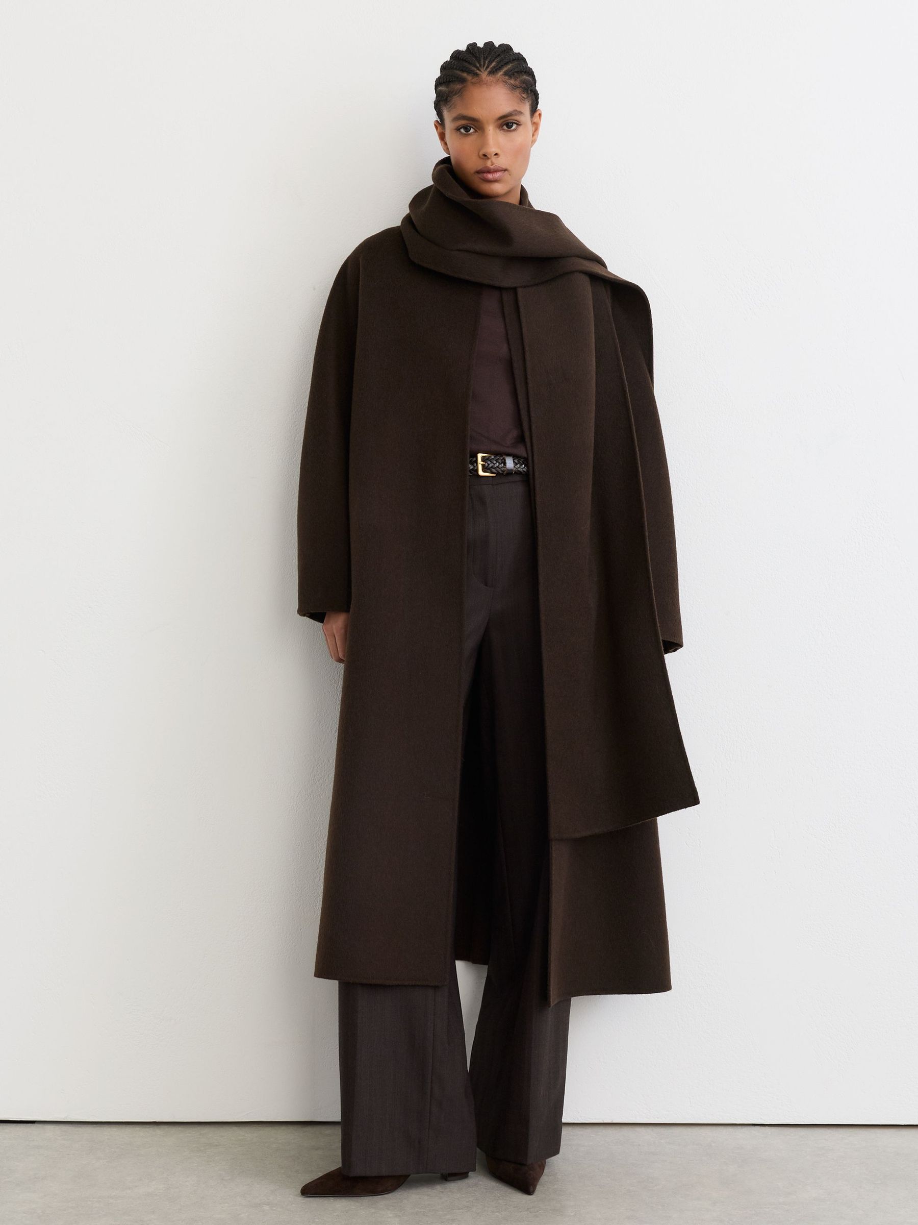 Petite Wool-Blend Long Blind-Seam Scarf Coat in Chocolate Brown - Image 1 of 10
