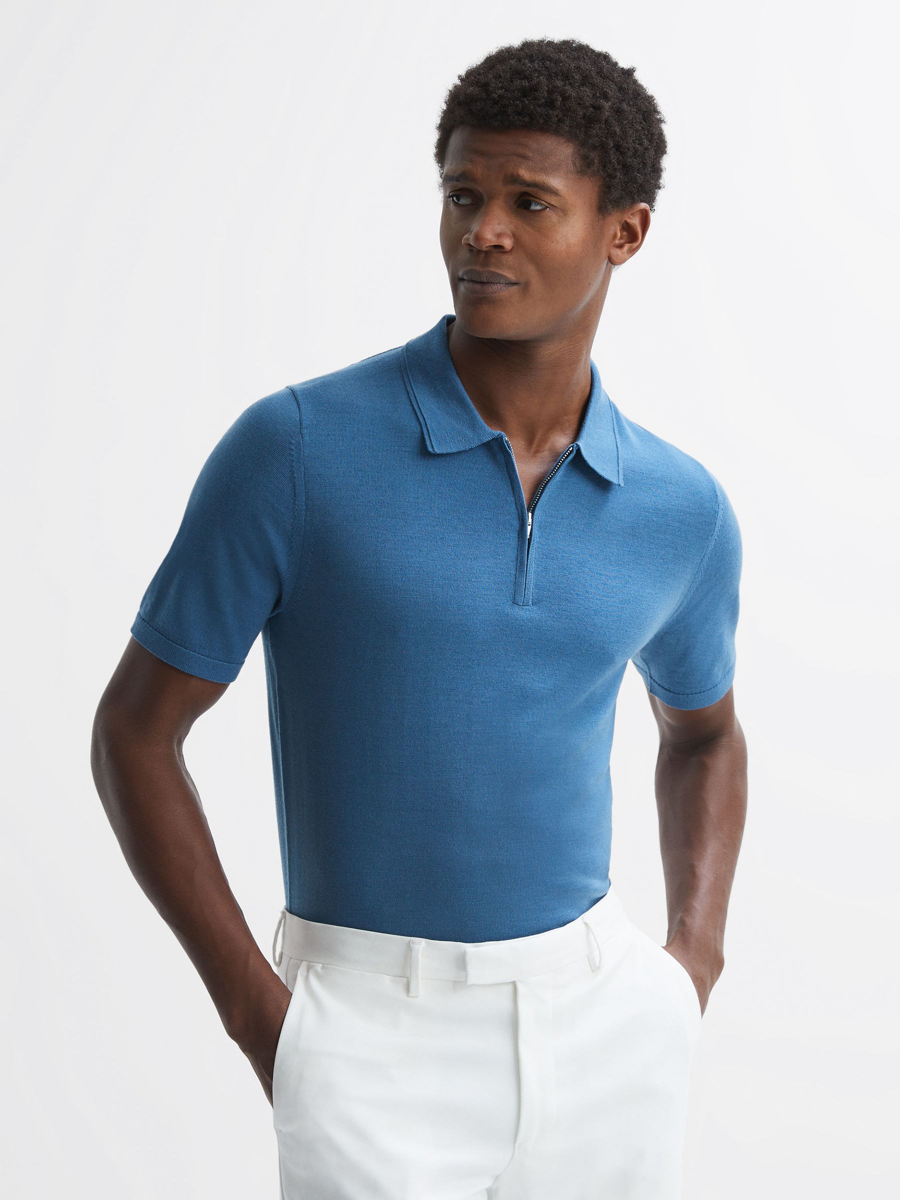 Merino Wool Half-Zip Polo Shirt in Marine Blue - Image 1 of 10