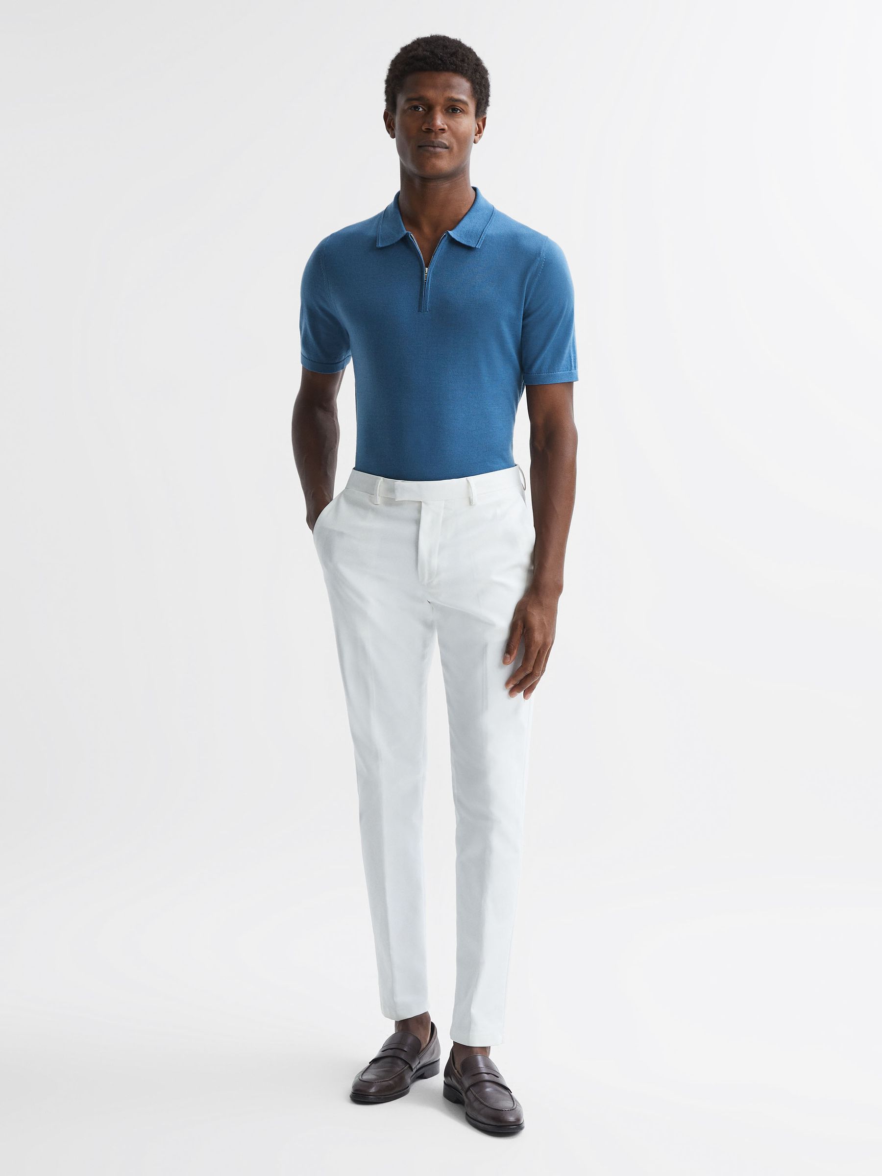 Merino Wool Half-Zip Polo Shirt in Marine Blue - Image 8 of 10