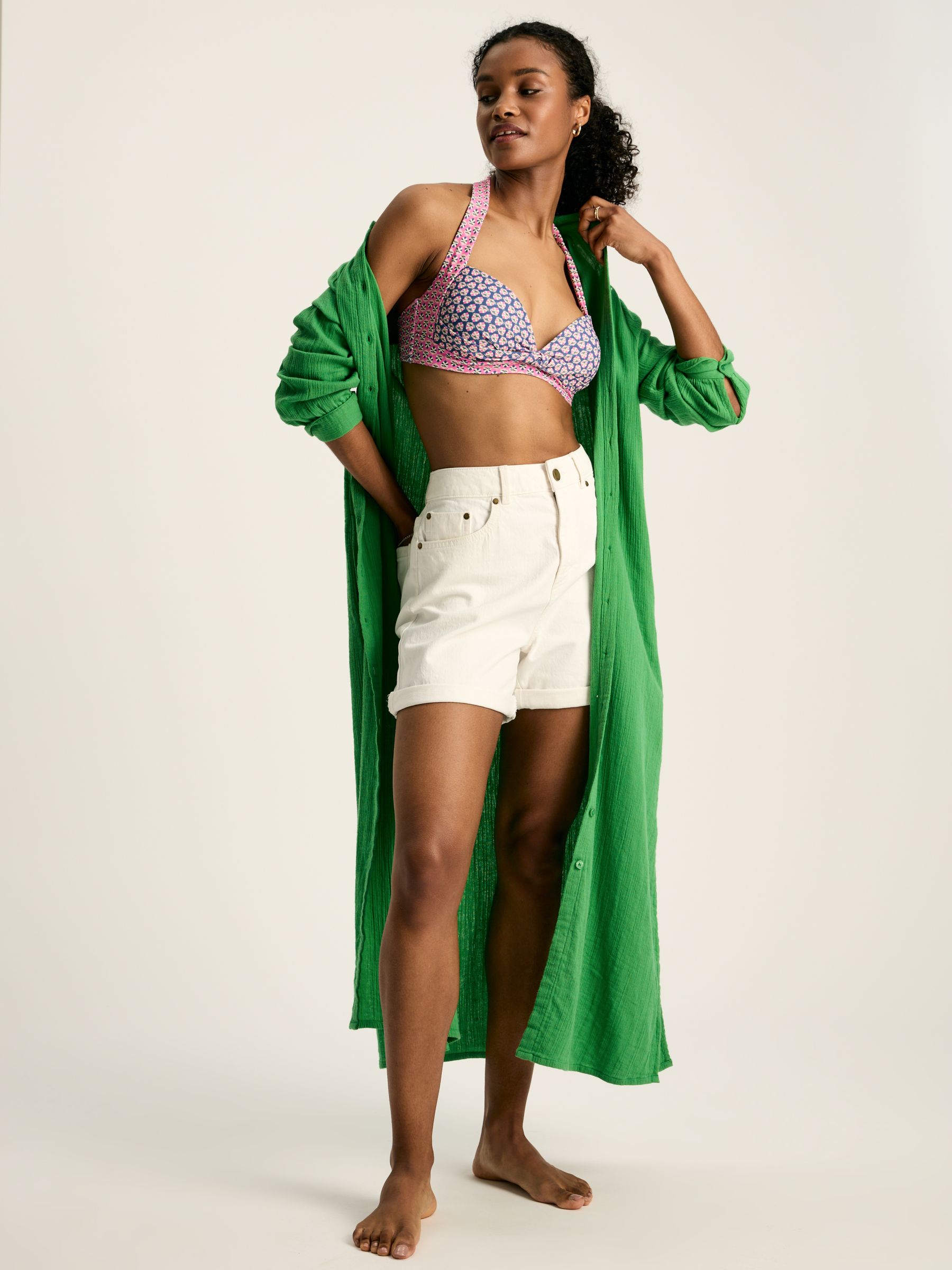 Erica Green Button Through Cotton Shirt Dress - Image 3 of 8