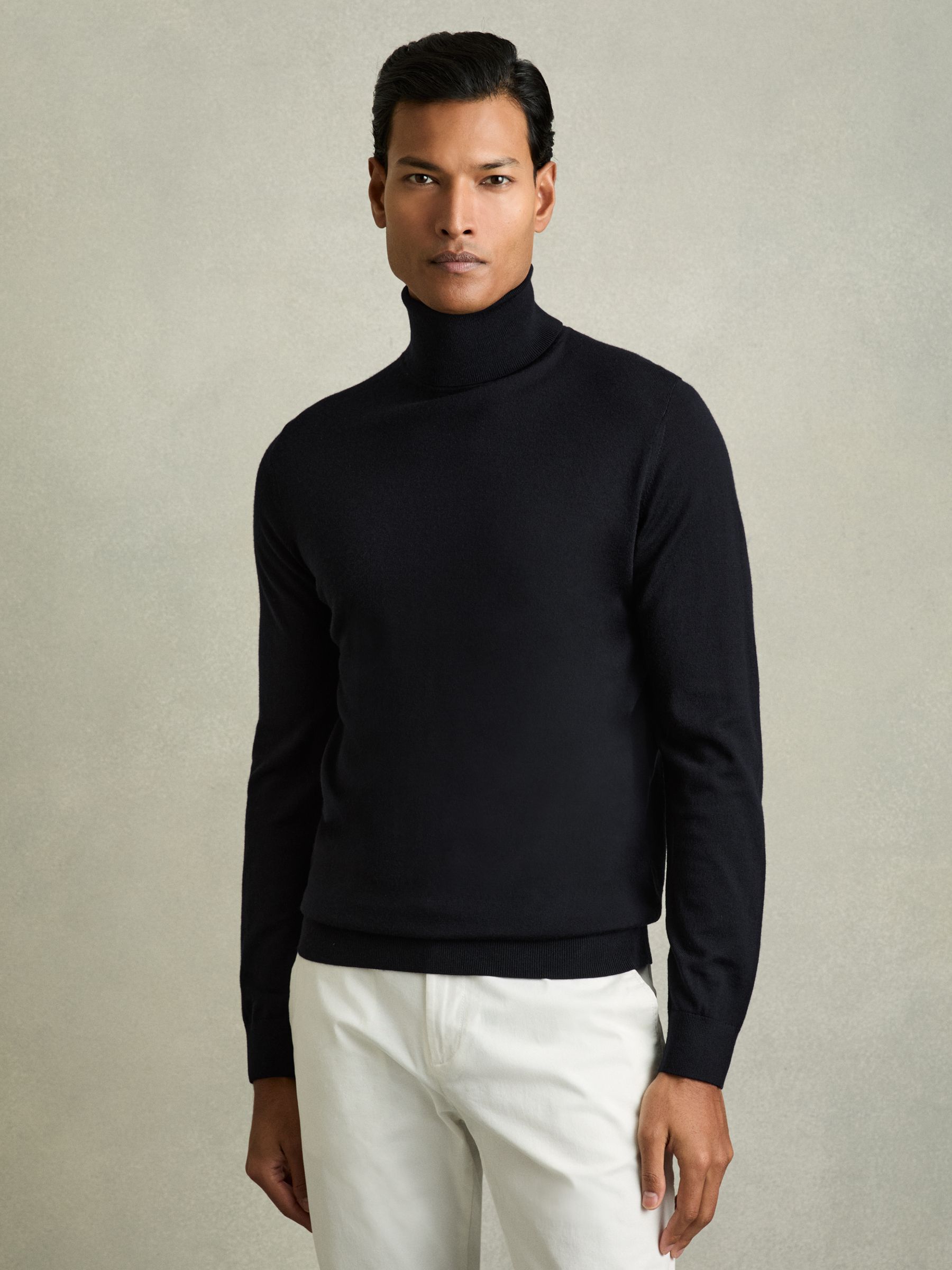Slim Fit Merino Wool Roll Neck Jumper in Navy - Image 1 of 8