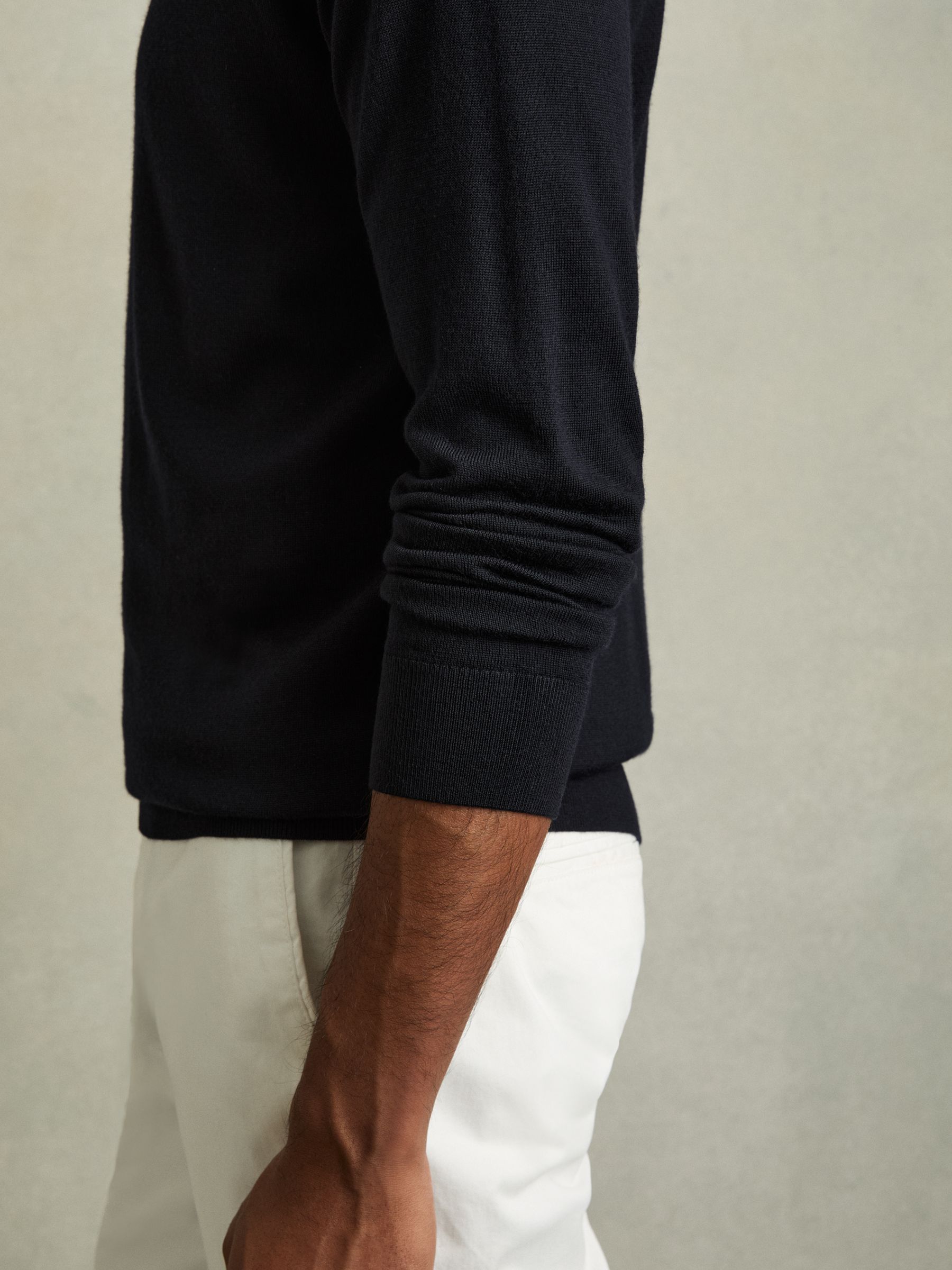 Slim Fit Merino Wool Roll Neck Jumper in Navy - Image 3 of 8