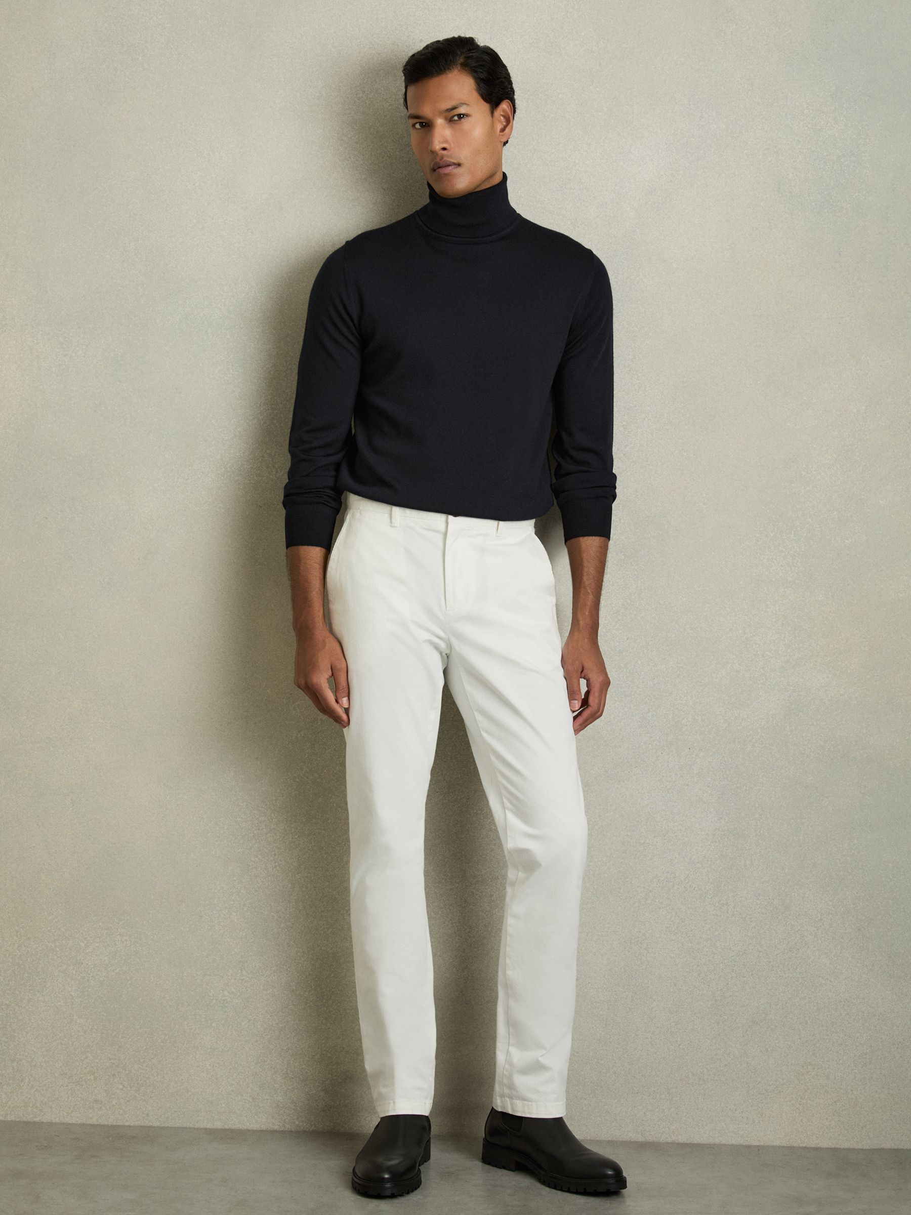 Slim Fit Merino Wool Roll Neck Jumper in Navy - Image 4 of 8