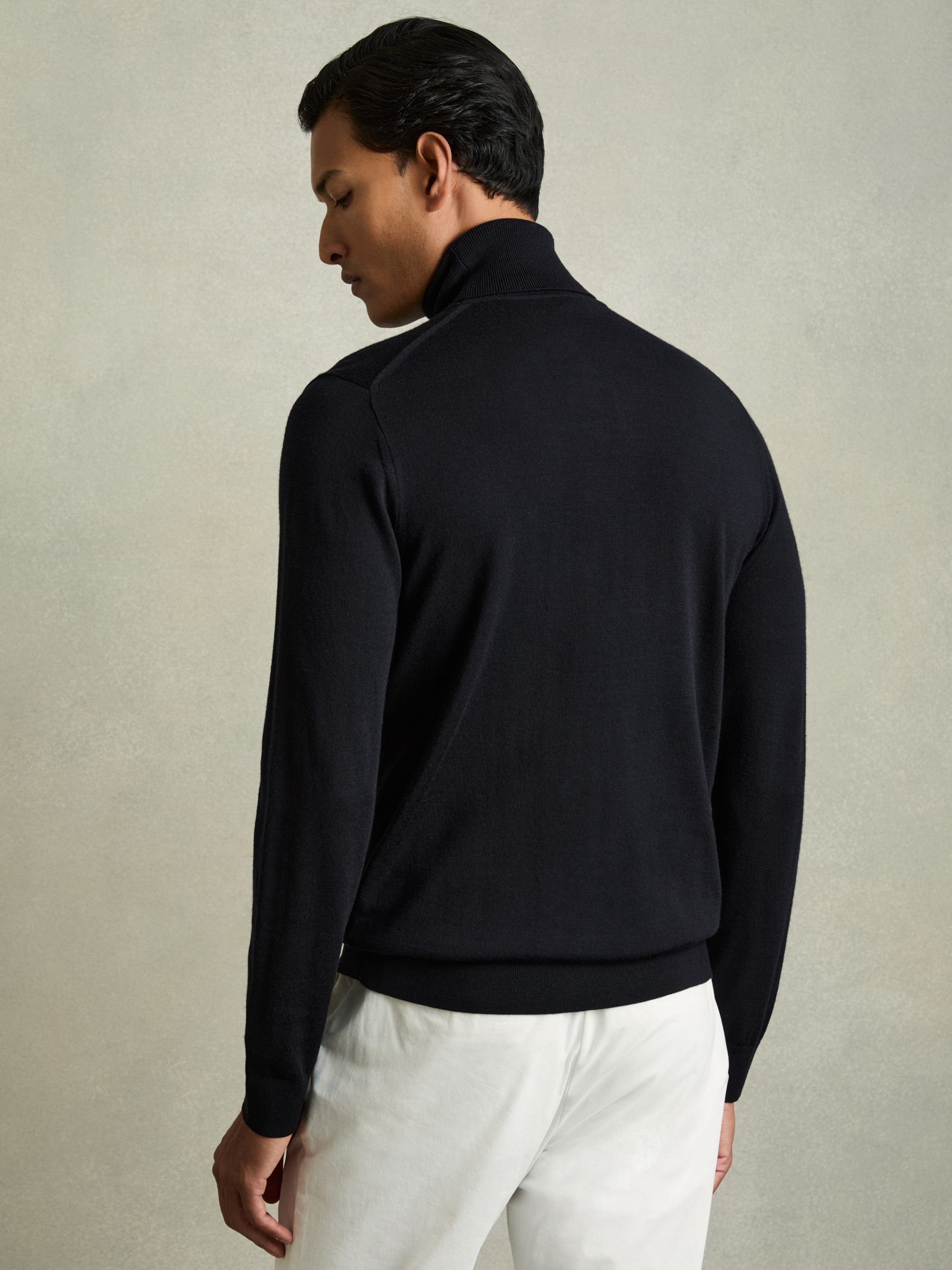 Slim Fit Merino Wool Roll Neck Jumper in Navy - Image 6 of 8