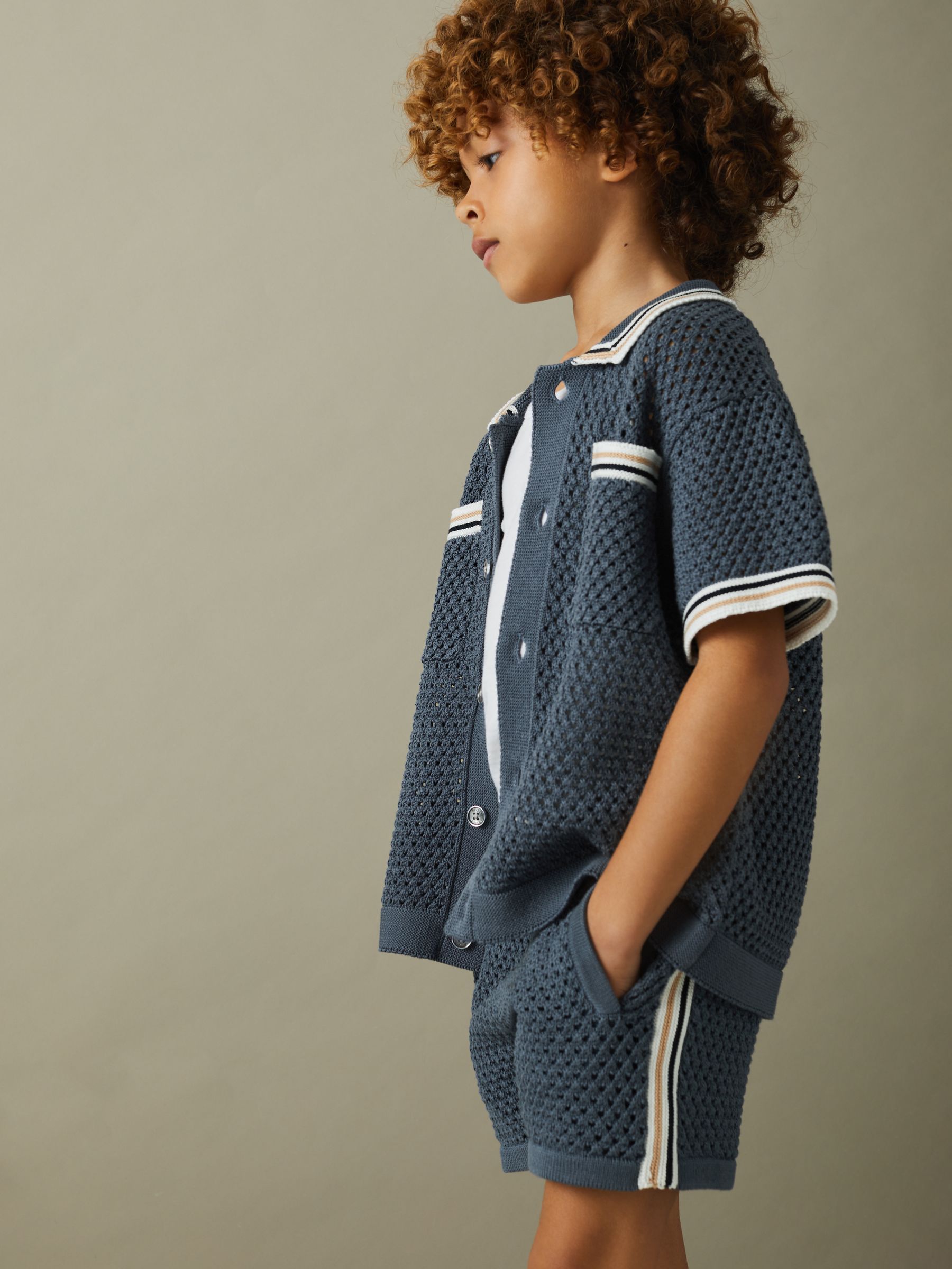 9-13 yrs Crochet Contrast Trim Elasticated Shorts in Airforce Blue - Image 3 of 5