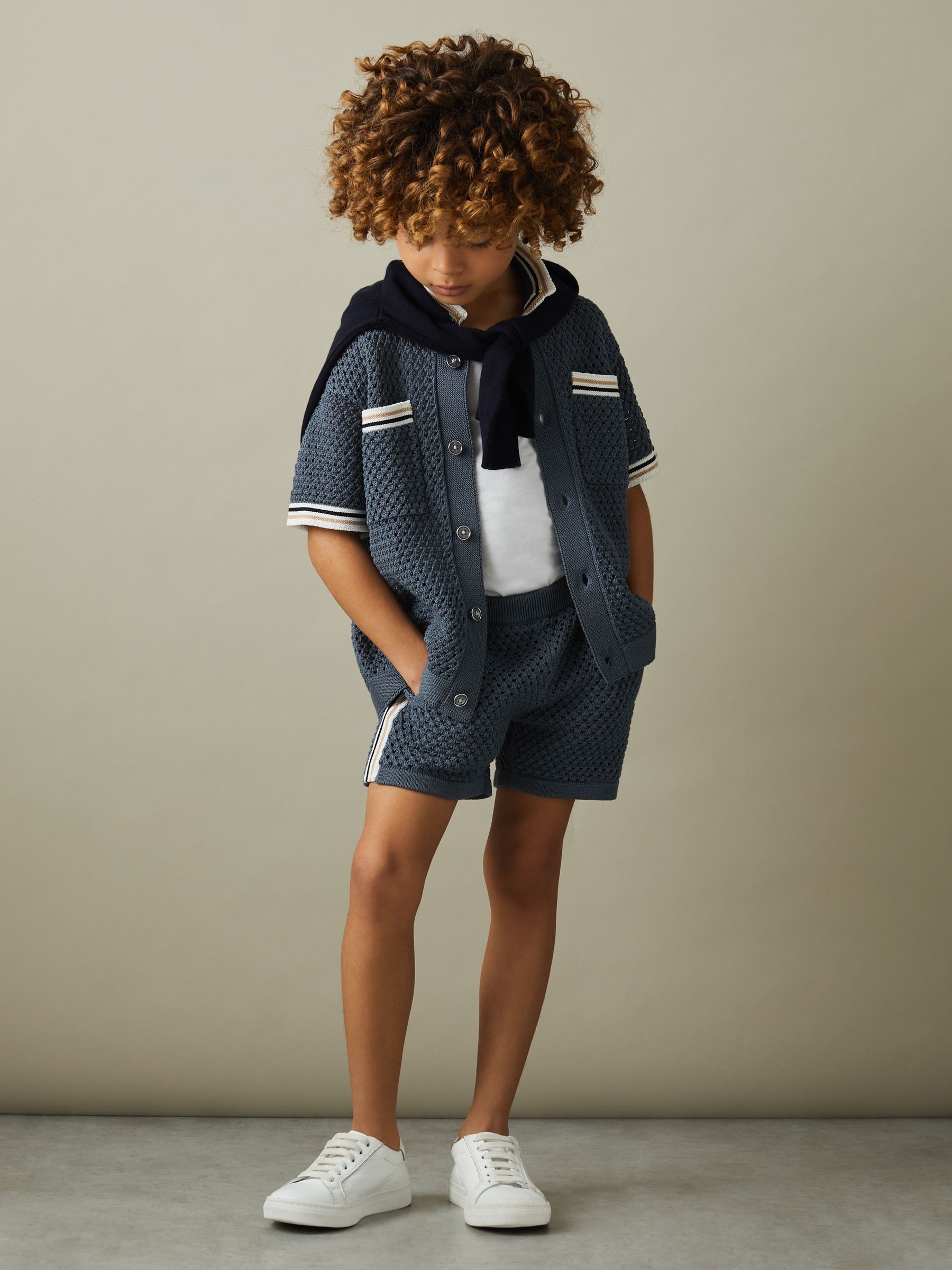 9-13 yrs Crochet Contrast Trim Elasticated Shorts in Airforce Blue - Image 4 of 5