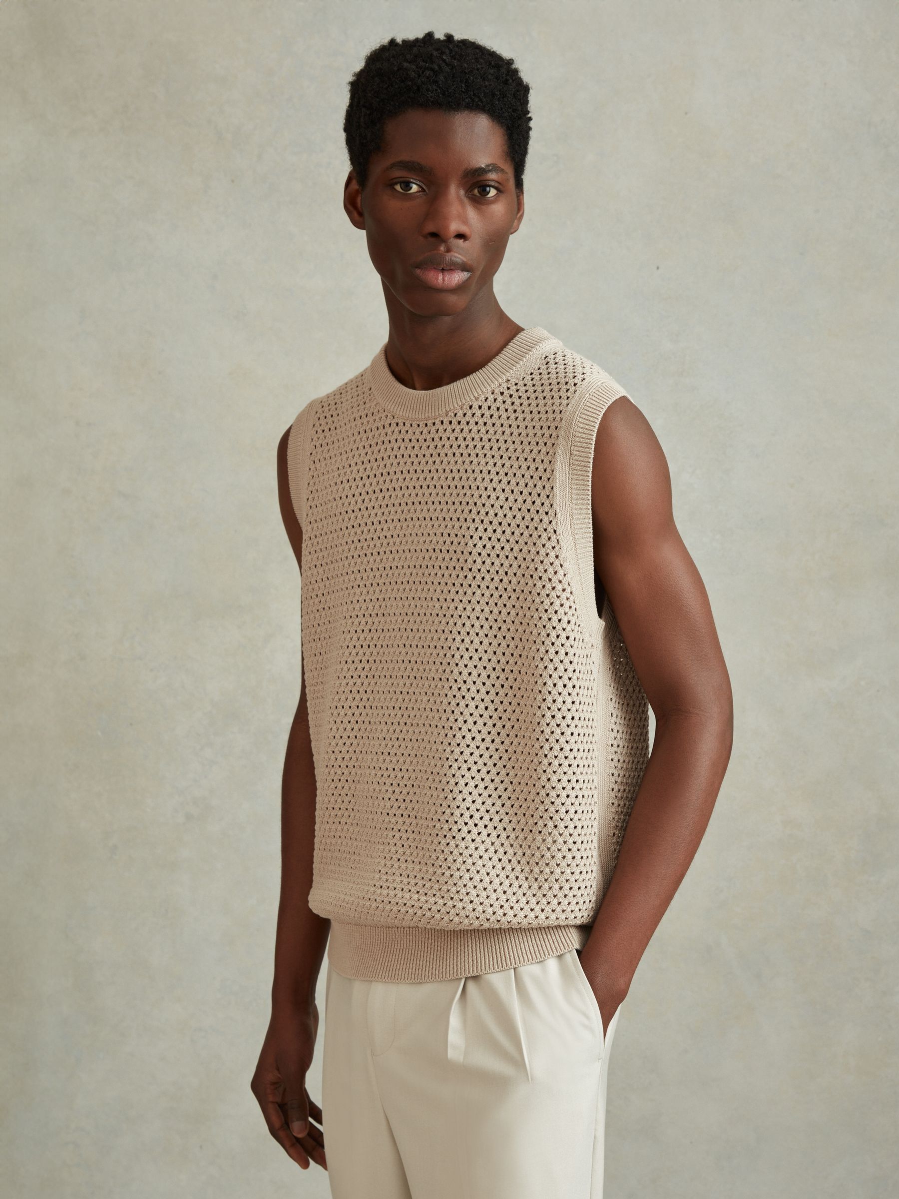 Cotton Blend Crochet Vest in Soft Taupe - Image 1 of 6 Cotton Blend Crochet Vest in Soft Taupe - Image 1 of 6