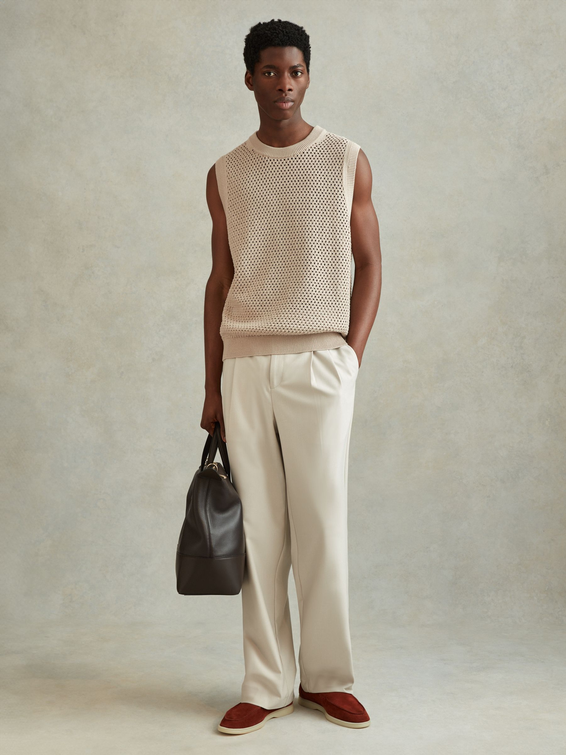 Cotton Blend Crochet Vest in Soft Taupe - Image 3 of 6