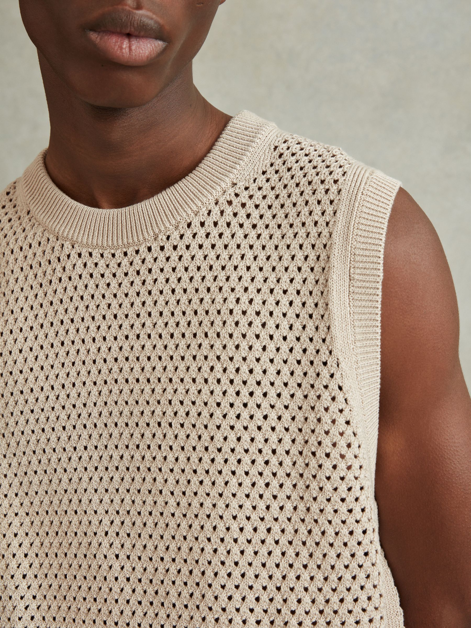 Cotton Blend Crochet Vest in Soft Taupe - Image 4 of 6