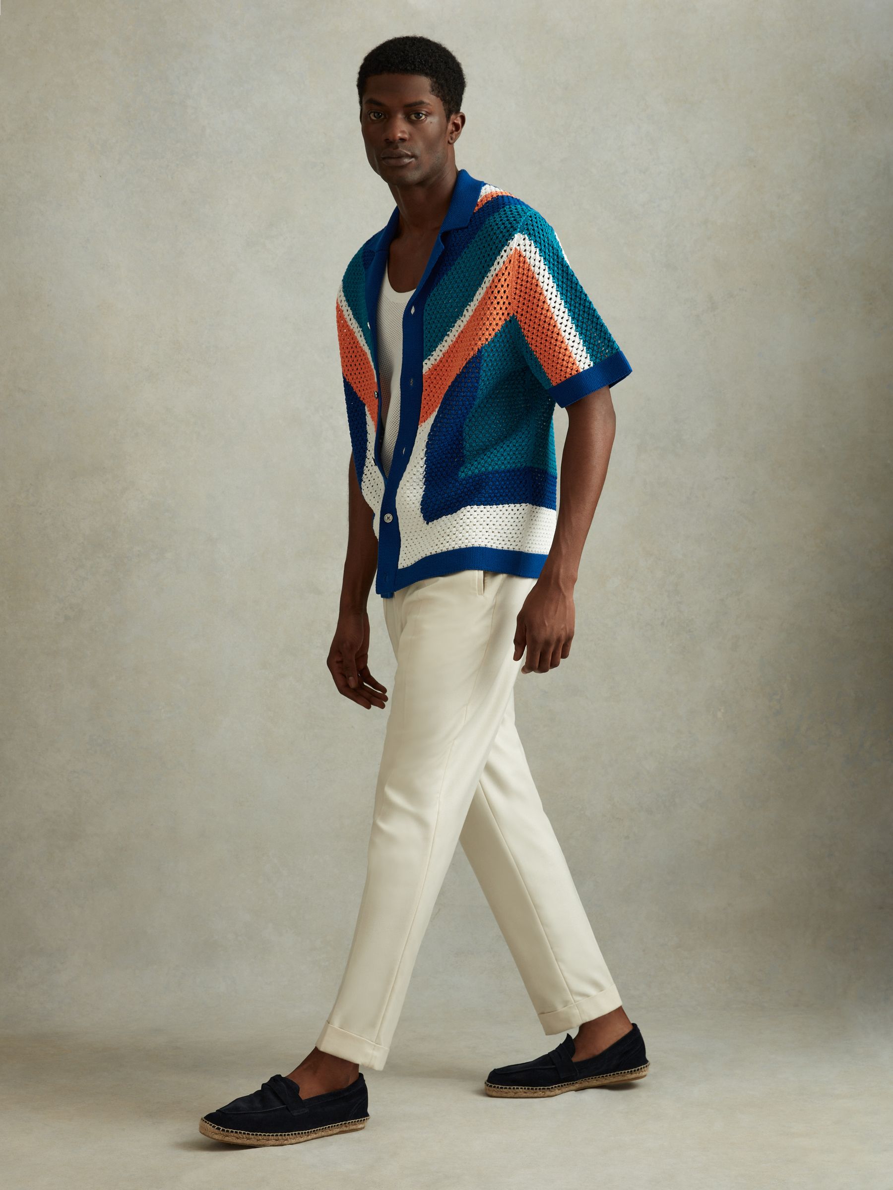 Cotton Blend Crochet Cuban Collar Shirt in Bright Multi - Image 3 of 5