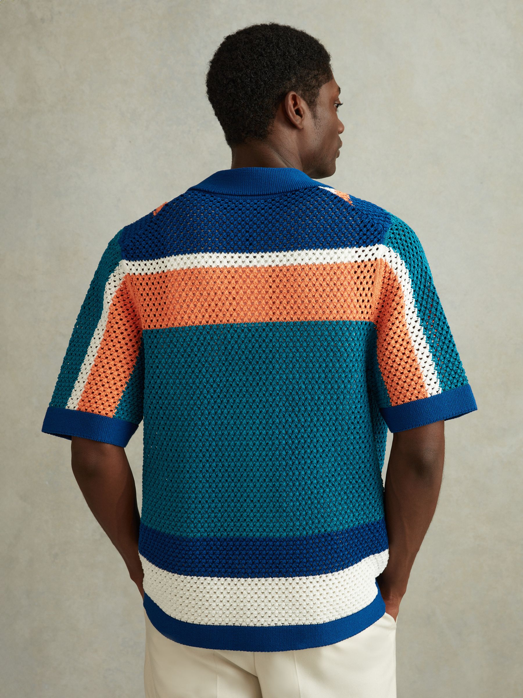 Cotton Blend Crochet Cuban Collar Shirt in Bright Multi - Image 4 of 5