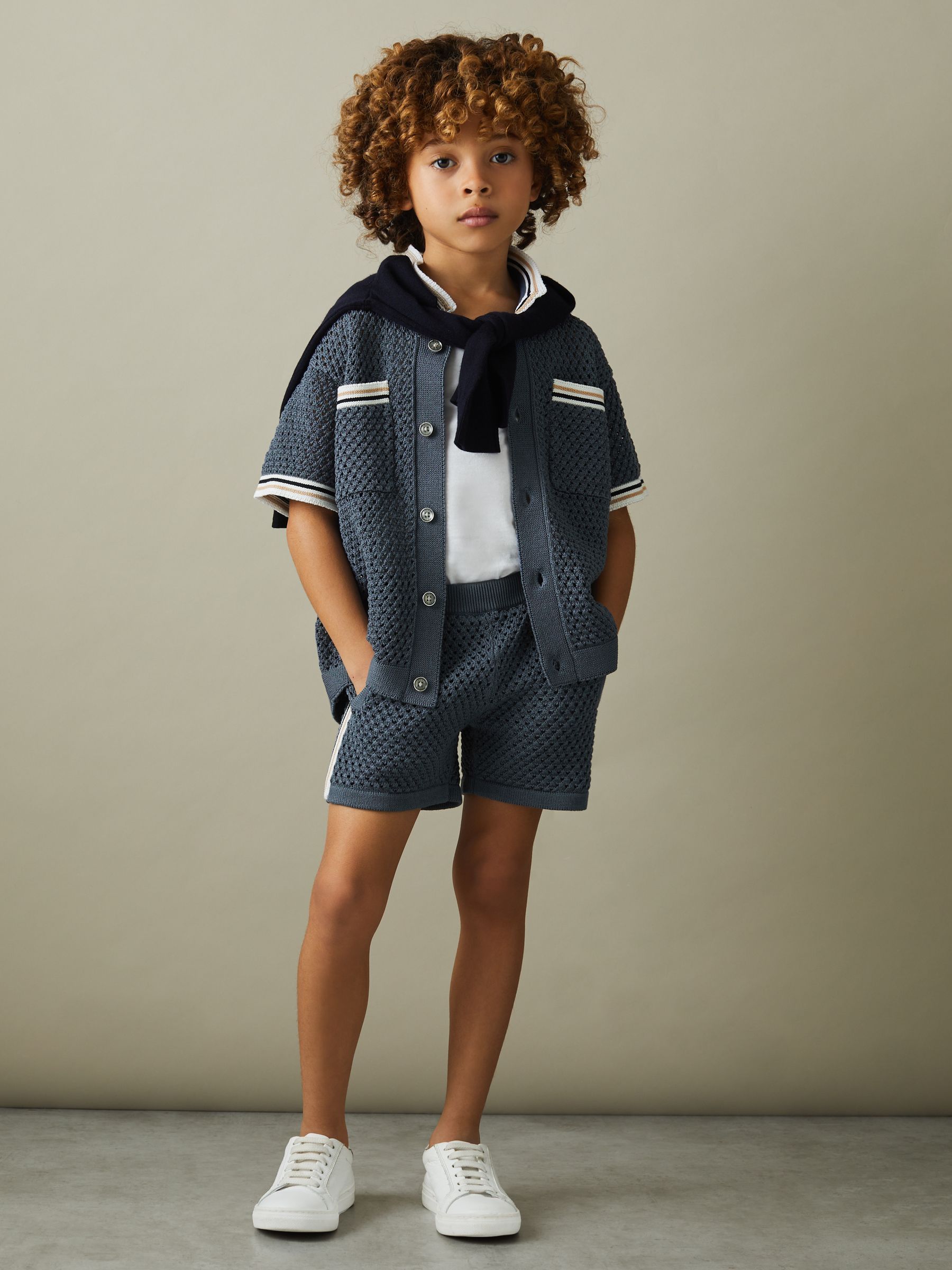 9-13 yrs Crochet Contrast Trim Shirt in Airforce Blue - Image 1 of 5