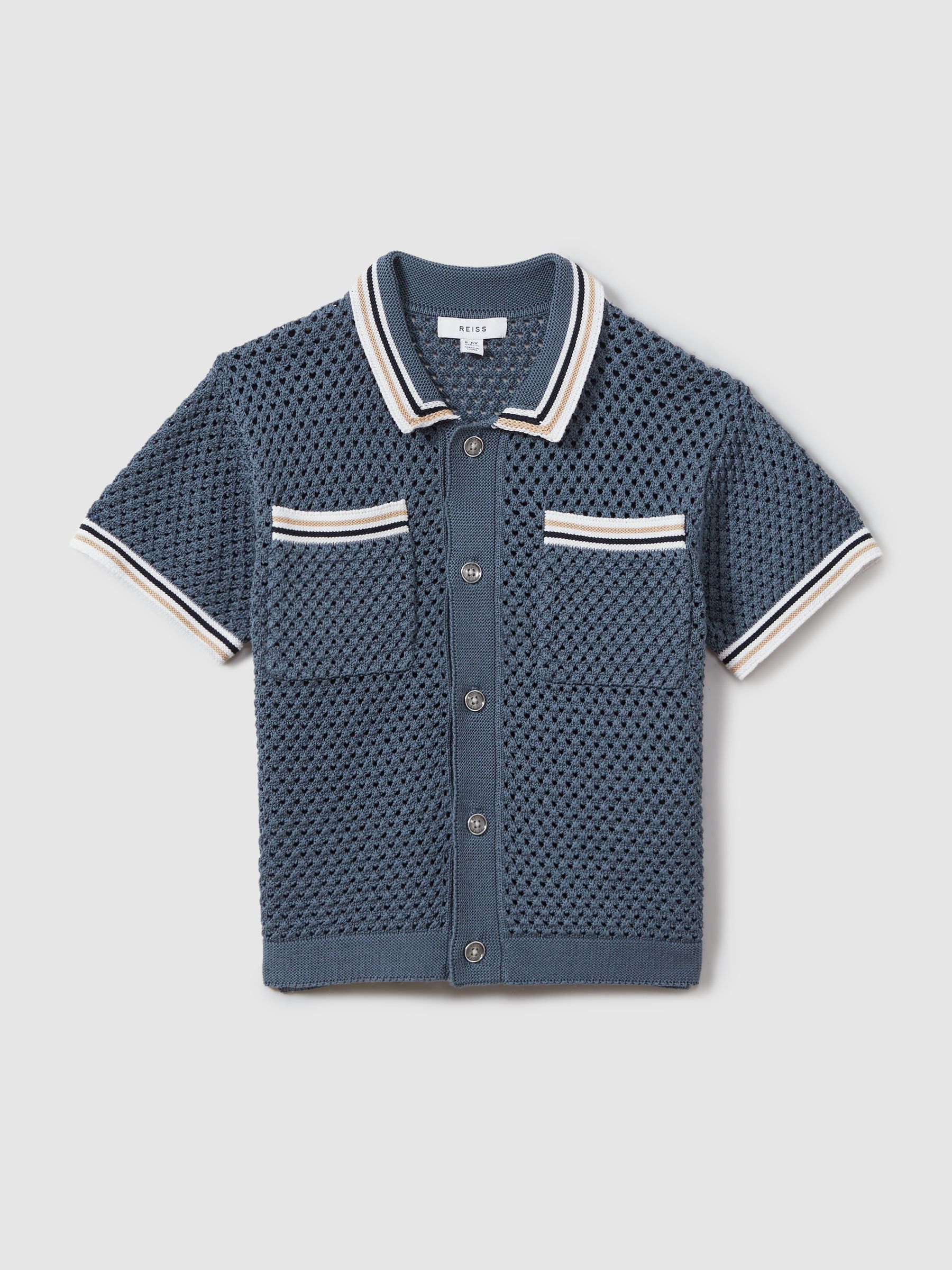 9-13 yrs Crochet Contrast Trim Shirt in Airforce Blue - Image 2 of 5
