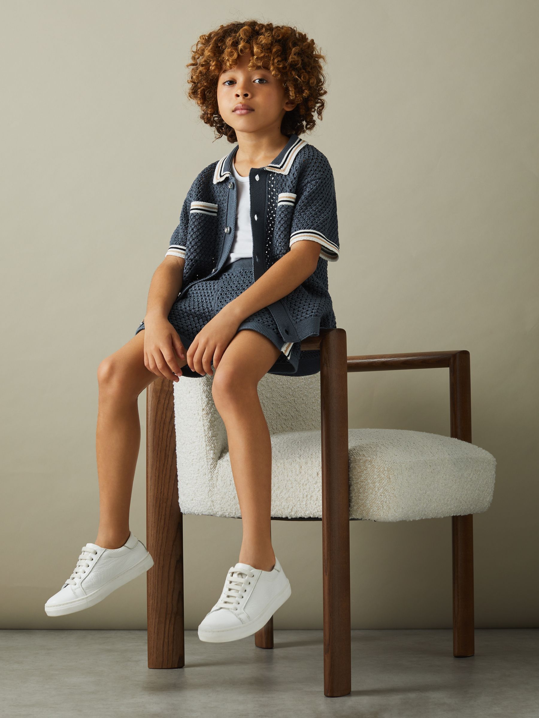 9-13 yrs Crochet Contrast Trim Shirt in Airforce Blue - Image 4 of 5