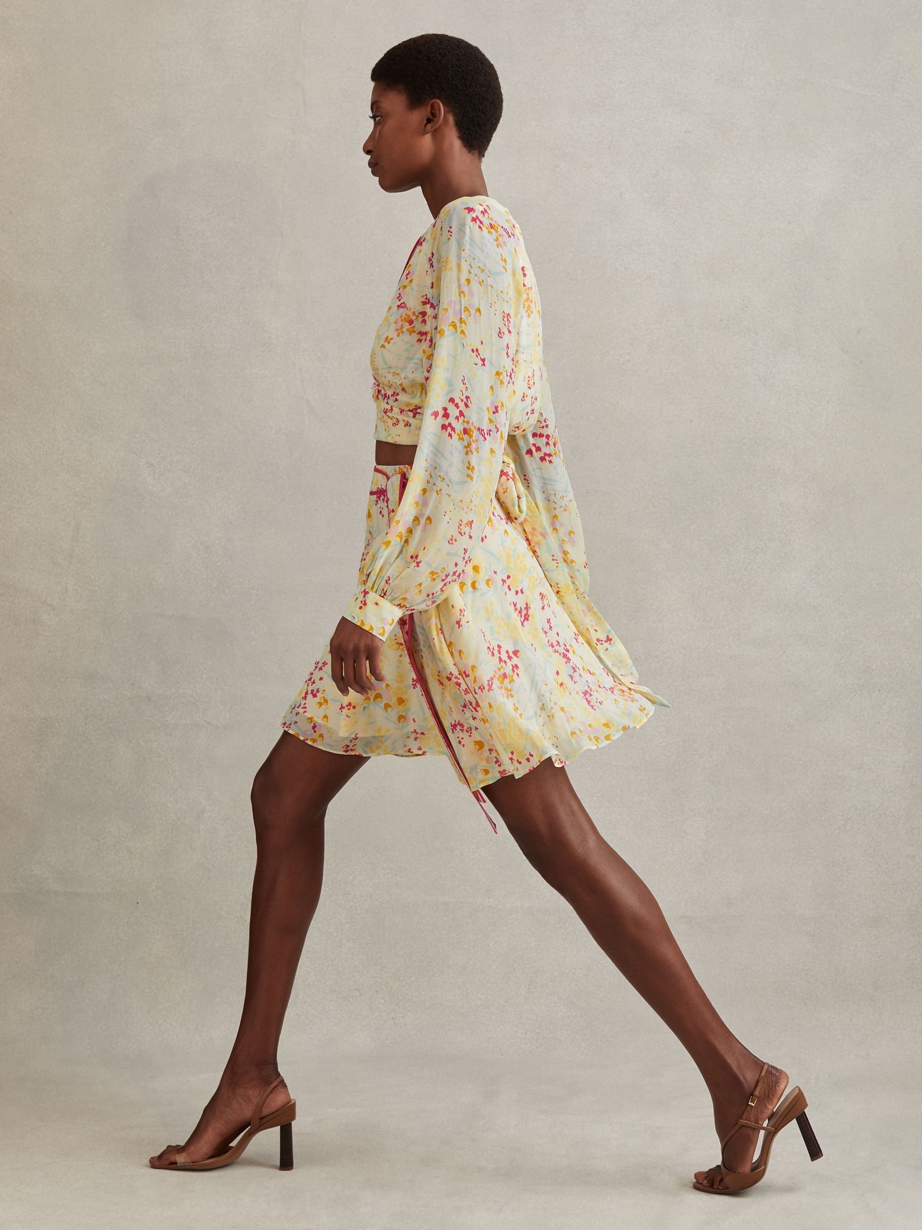 Floral Print Tie Waist Mini Skirt in Pink/Yellow - Image 1 of 5