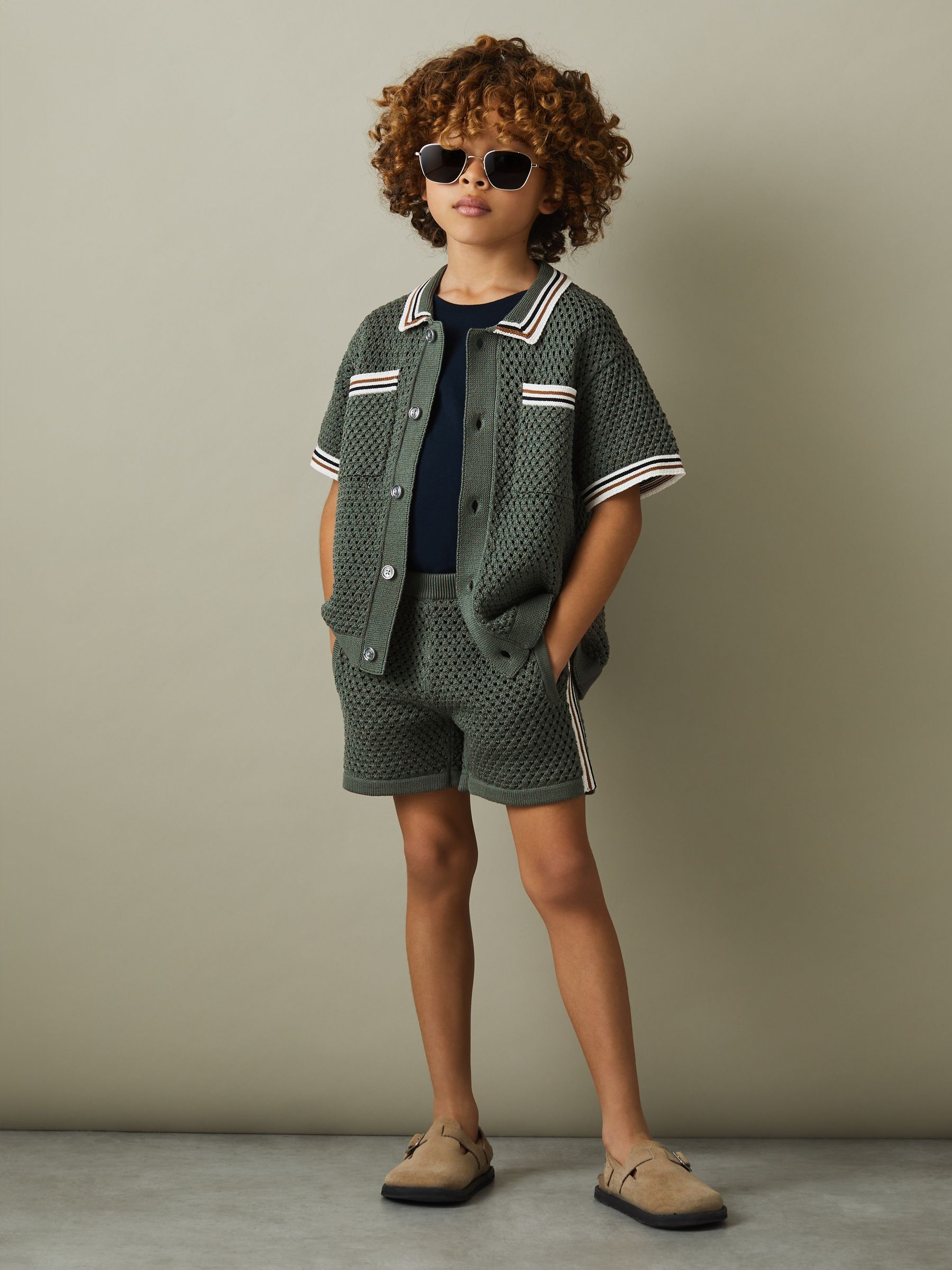 3-9 yrs Crochet Contrast Trim Elasticated Shorts in Dark Sage Green - Image 1 of 5