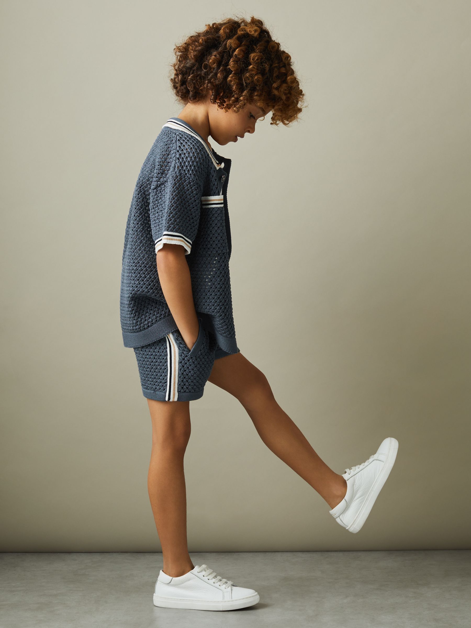 3-9 yrs Crochet Contrast Trim Elasticated Shorts in Airforce Blue - Image 4 of 5