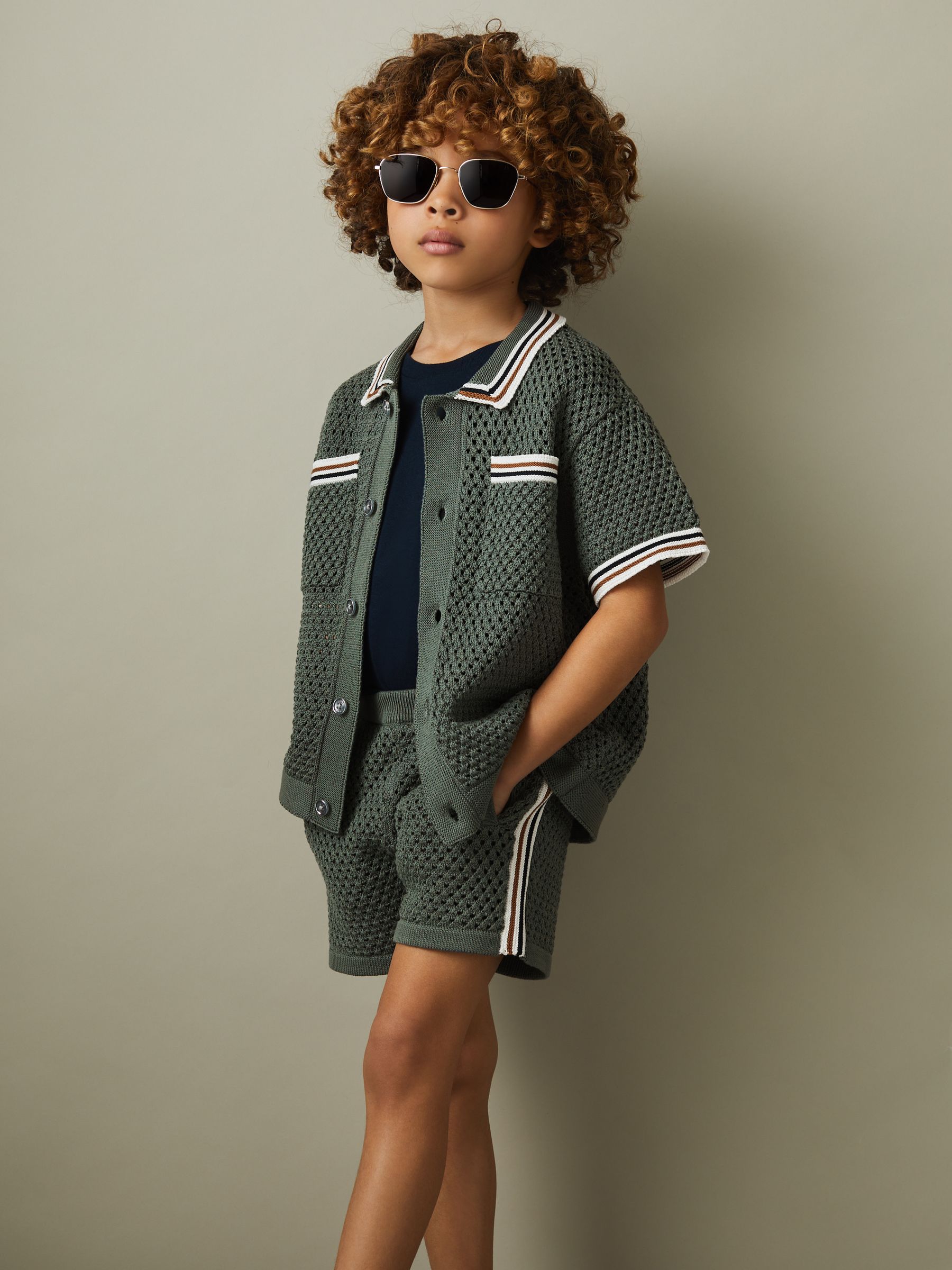 3-9 yrs Crochet Contrast Trim Shirt in Dark Sage Green - Image 4 of 5