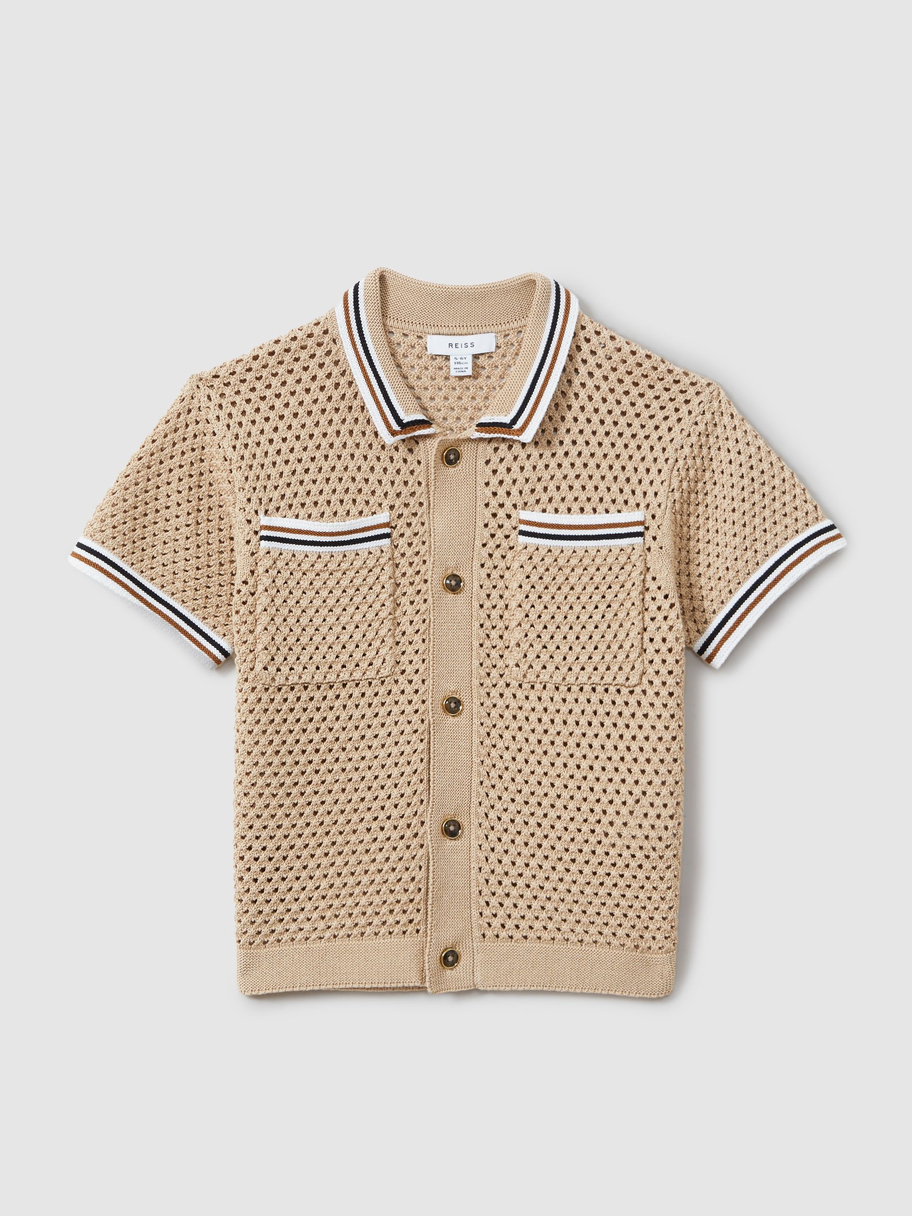 3-9 yrs Crochet Contrast Trim Shirt in Soft Taupe - Image 2 of 5 3-9 yrs Crochet Contrast Trim Shirt in Soft Taupe - Image 2 of 5