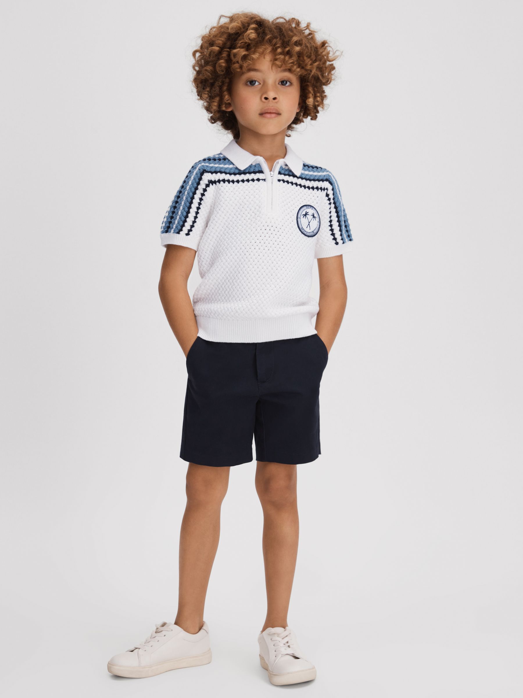 9-13 yrs Textured Cotton Half-Zip Polo Shirt in Optic White - Image 3 of 4