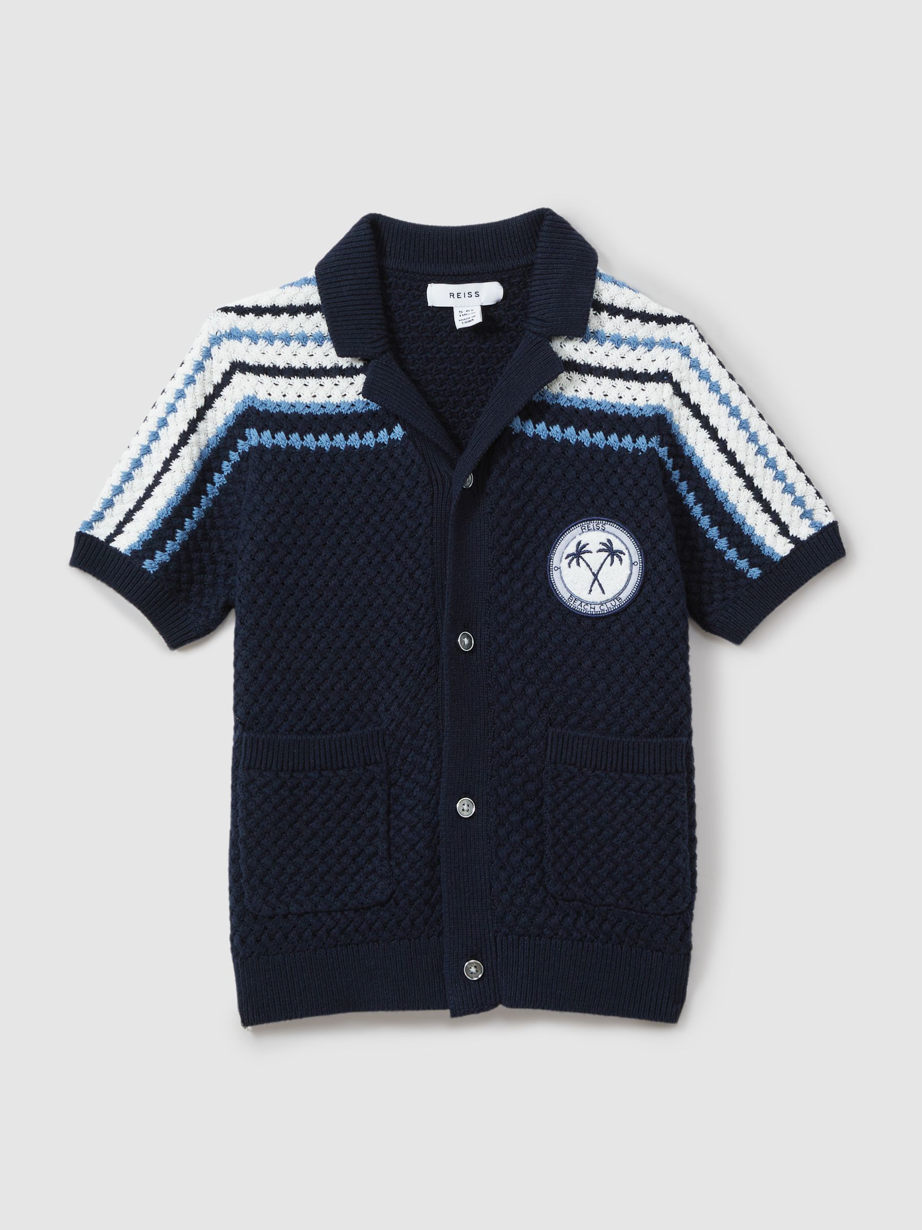 9-13 yrs Knitted Cotton Cuban Collar Shirt in Navy - Image 2 of 5