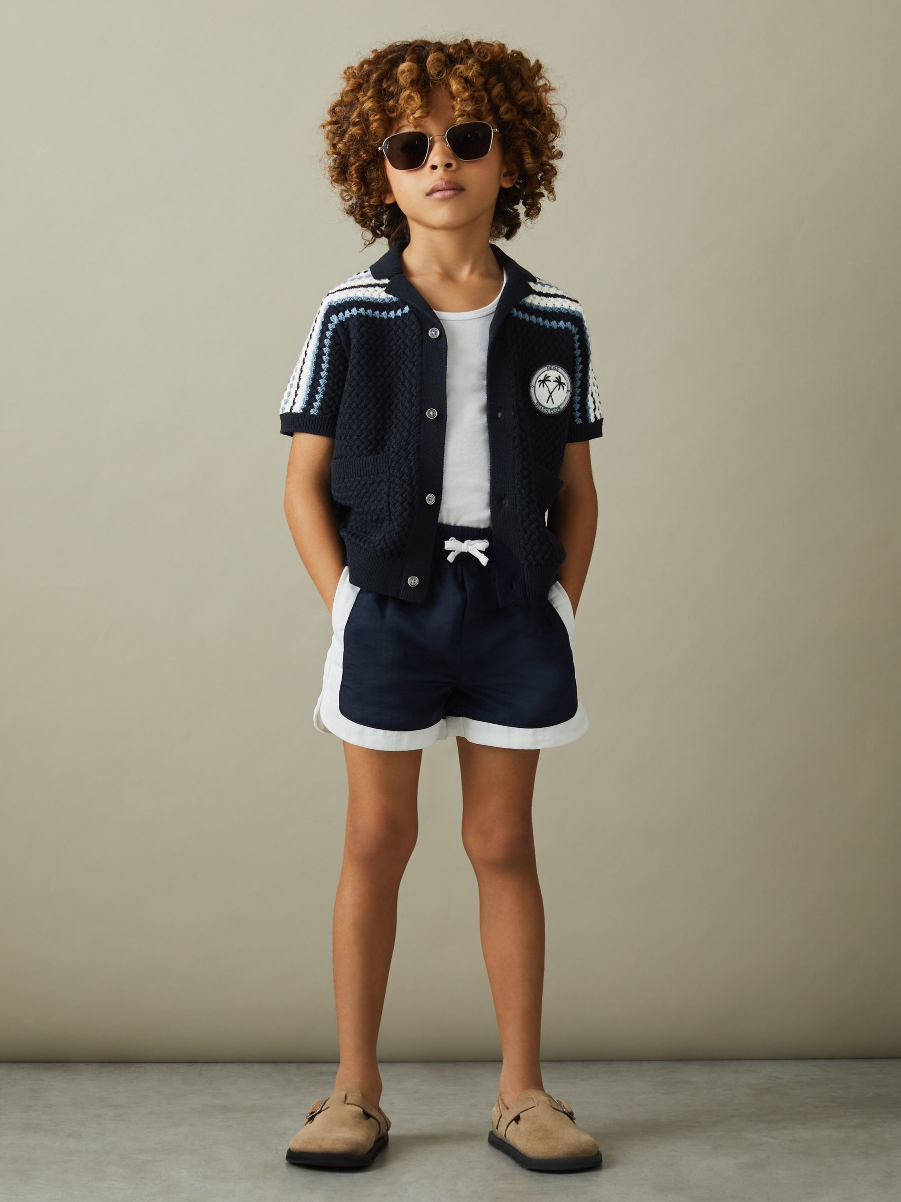 9-13 yrs Knitted Cotton Cuban Collar Shirt in Navy - Image 3 of 5