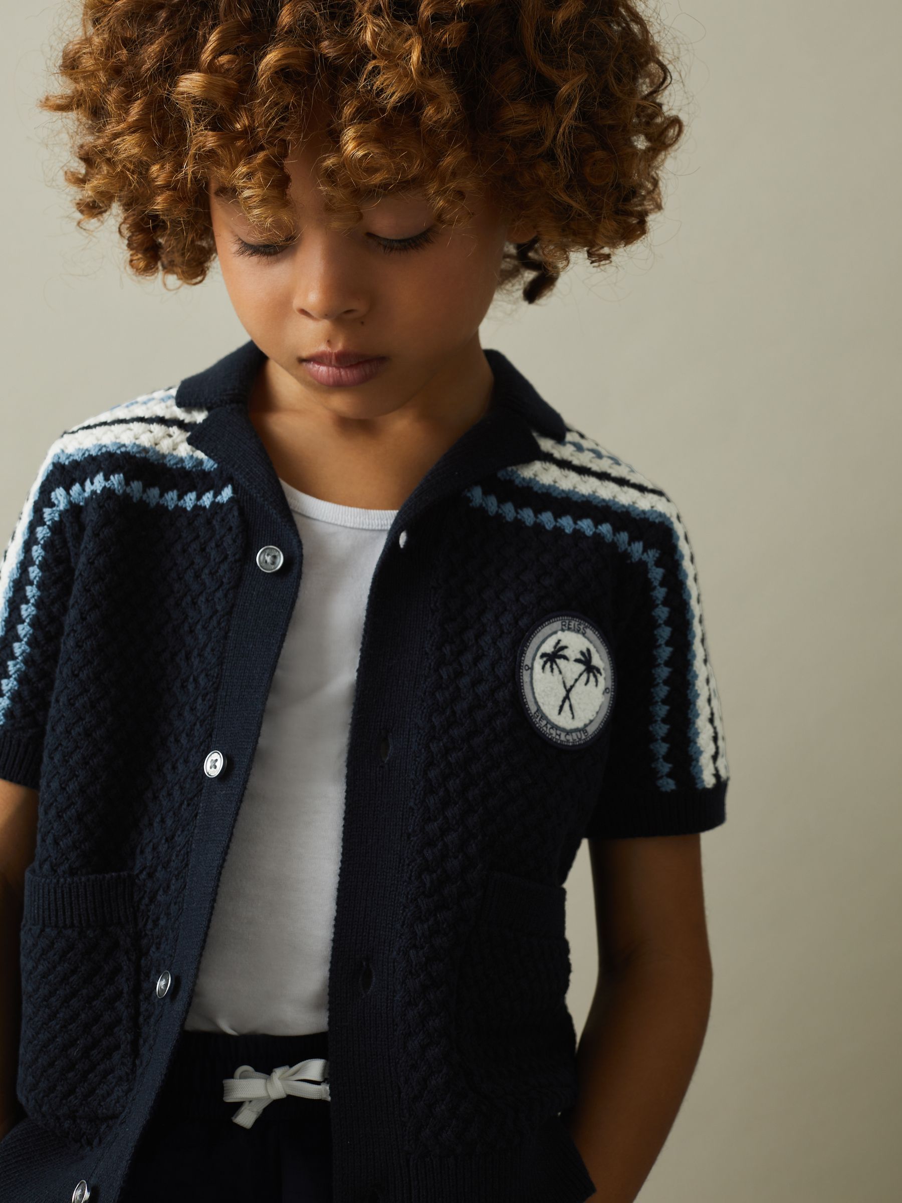 9-13 yrs Knitted Cotton Cuban Collar Shirt in Navy - Image 4 of 5