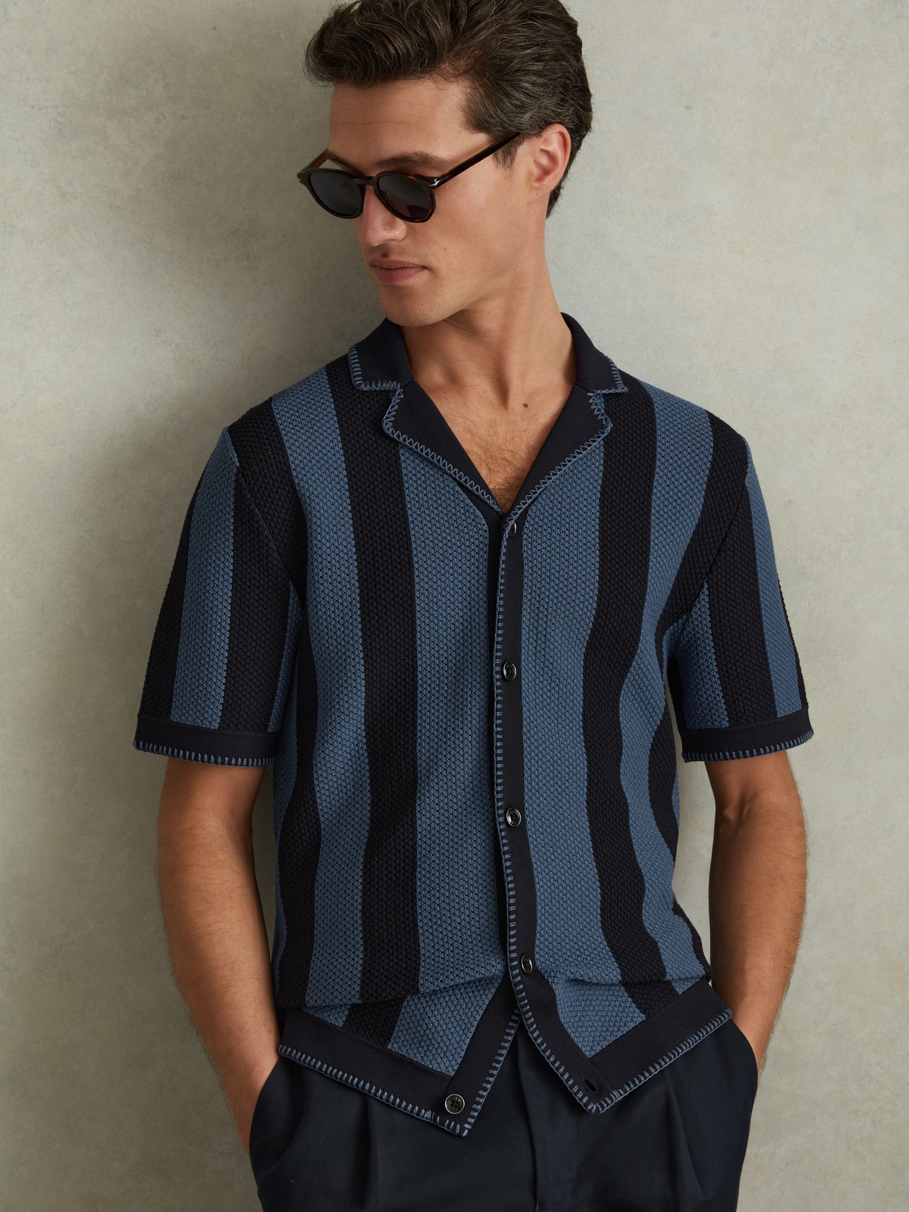Knitted Cuban Collar Shirt in Navy/Blue - Image 1 of 5