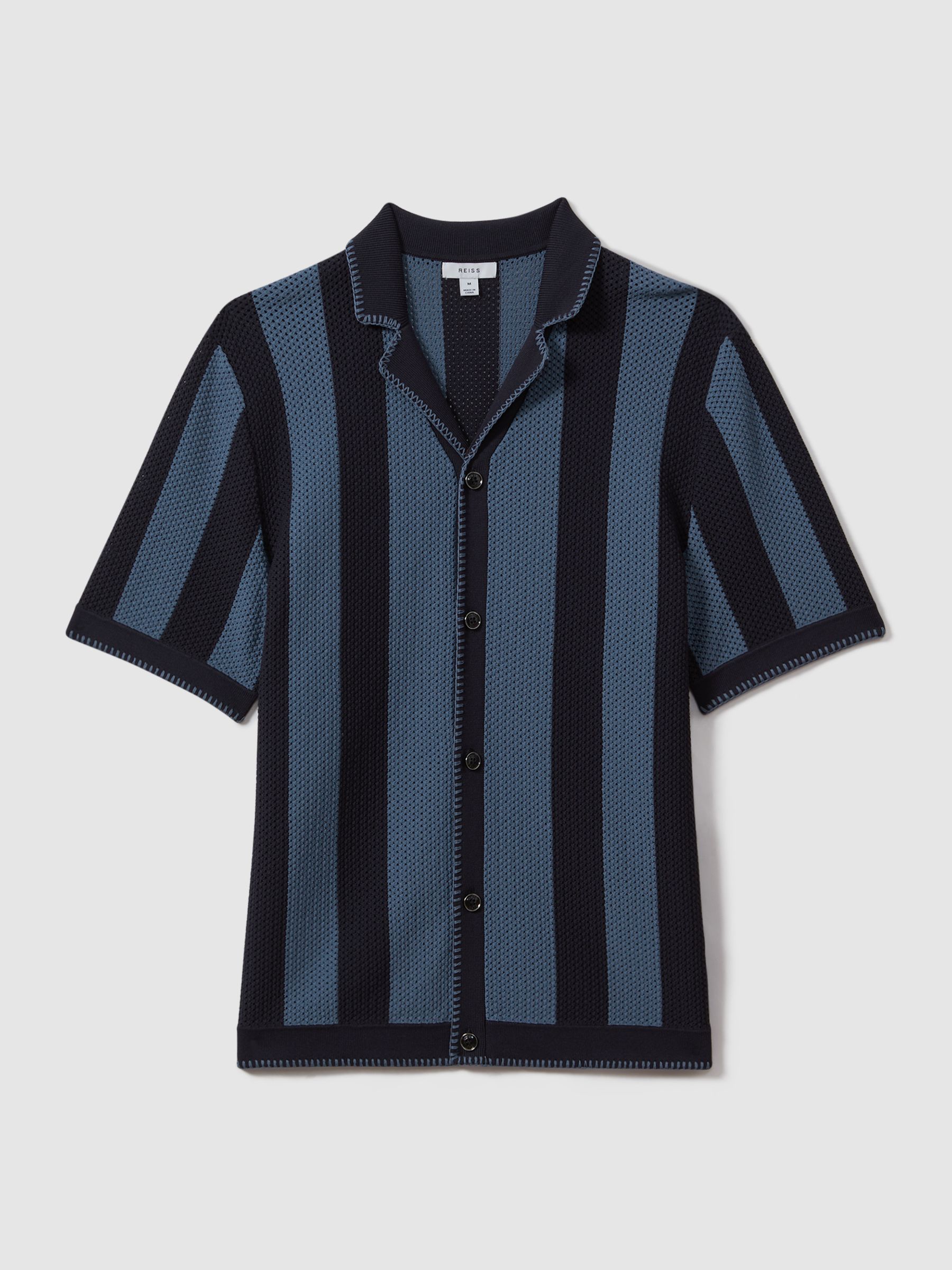 Knitted Cuban Collar Shirt in Navy/Blue - Image 2 of 5