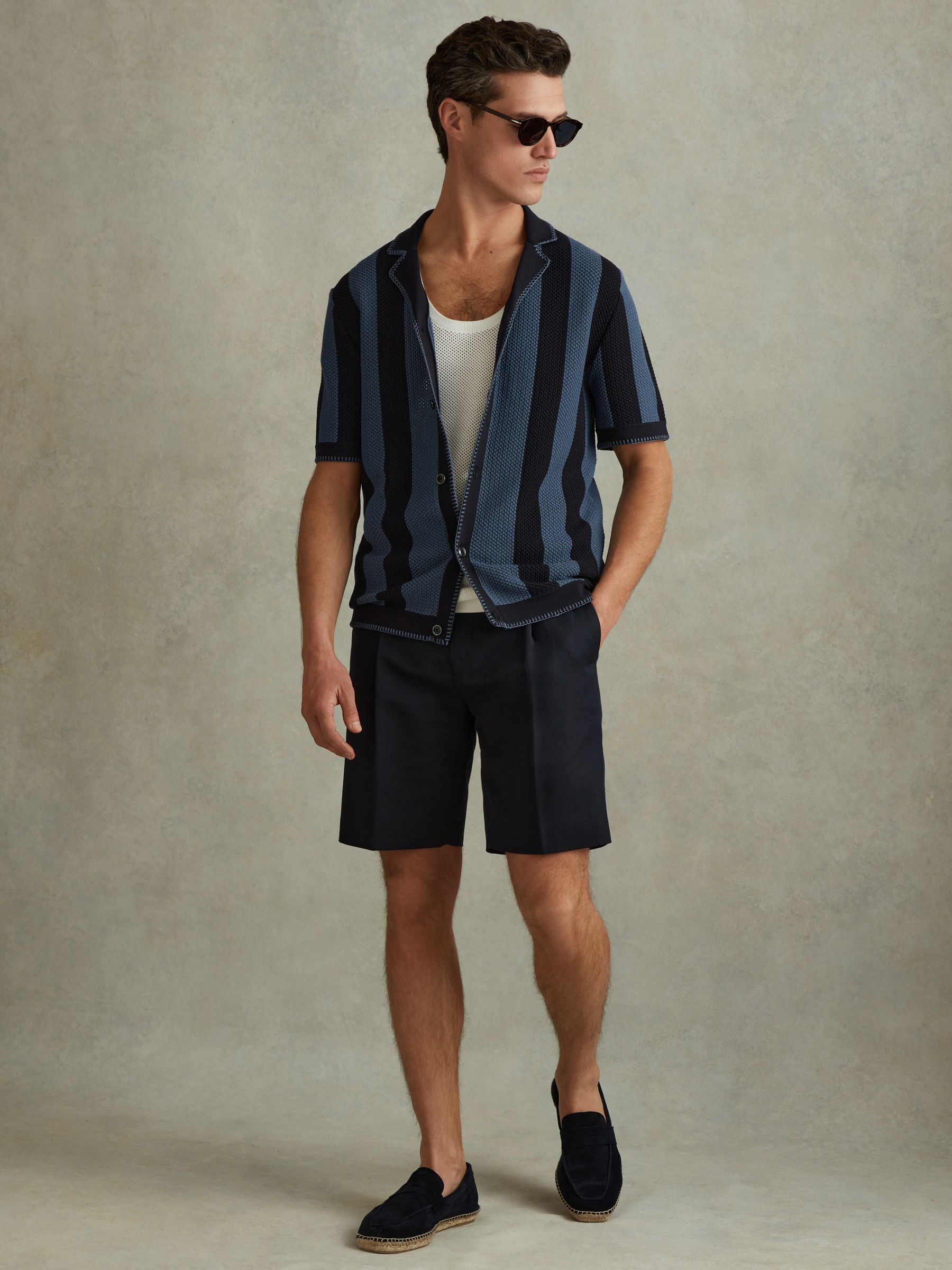 Knitted Cuban Collar Shirt in Navy/Blue - Image 3 of 5