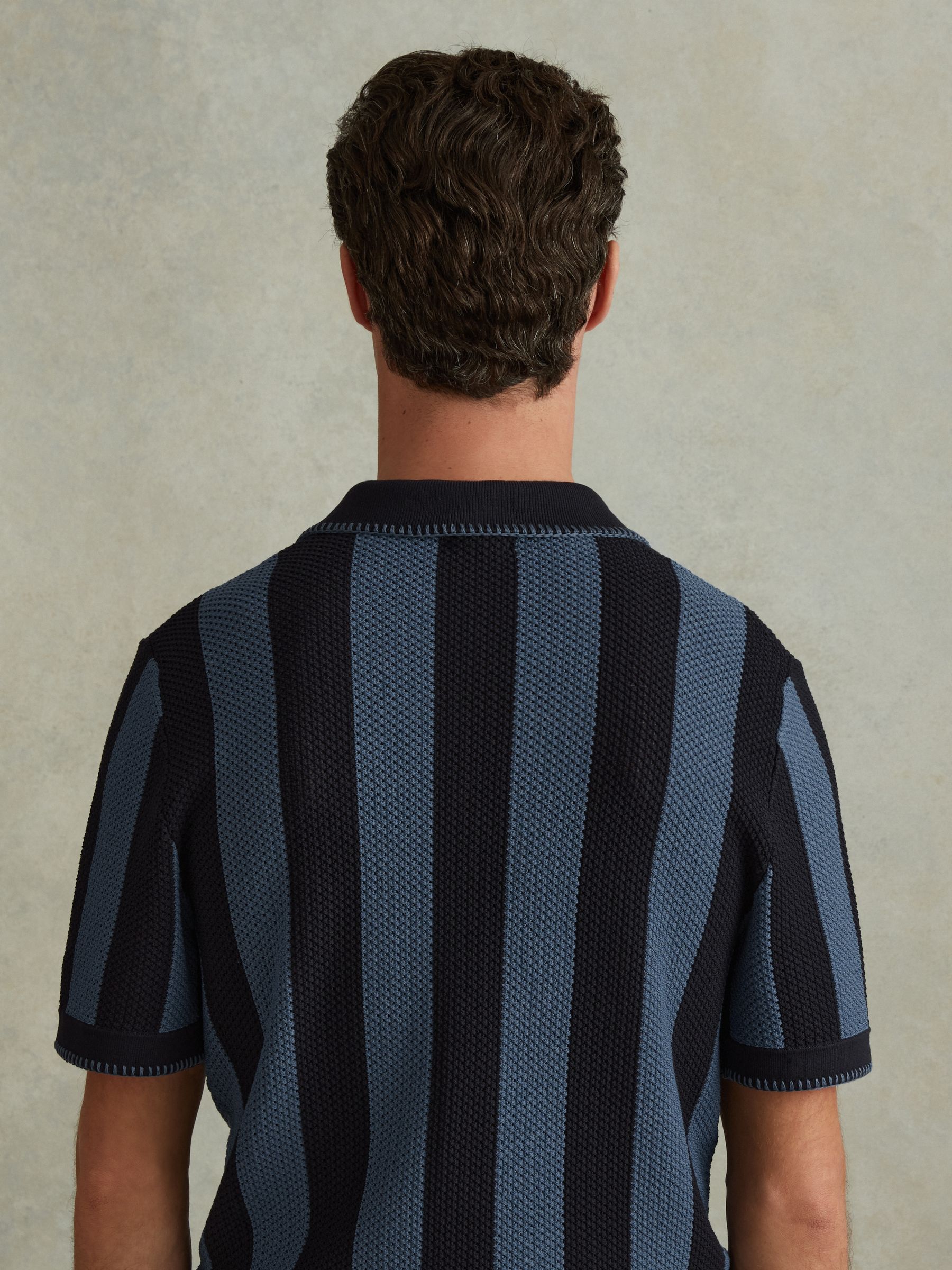 Knitted Cuban Collar Shirt in Navy/Blue - Image 5 of 8