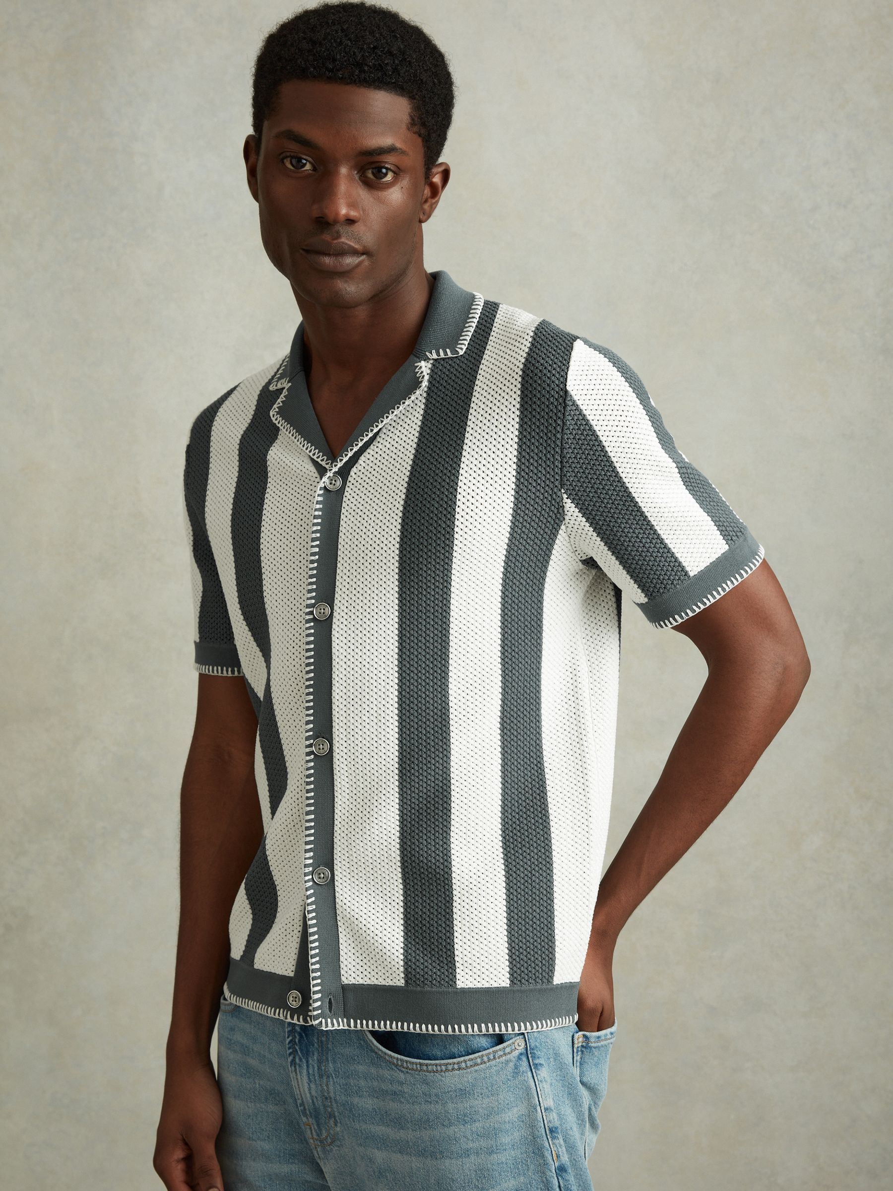 Knitted Cuban Collar Shirt in Argento/Optic White - Image 1 of 6