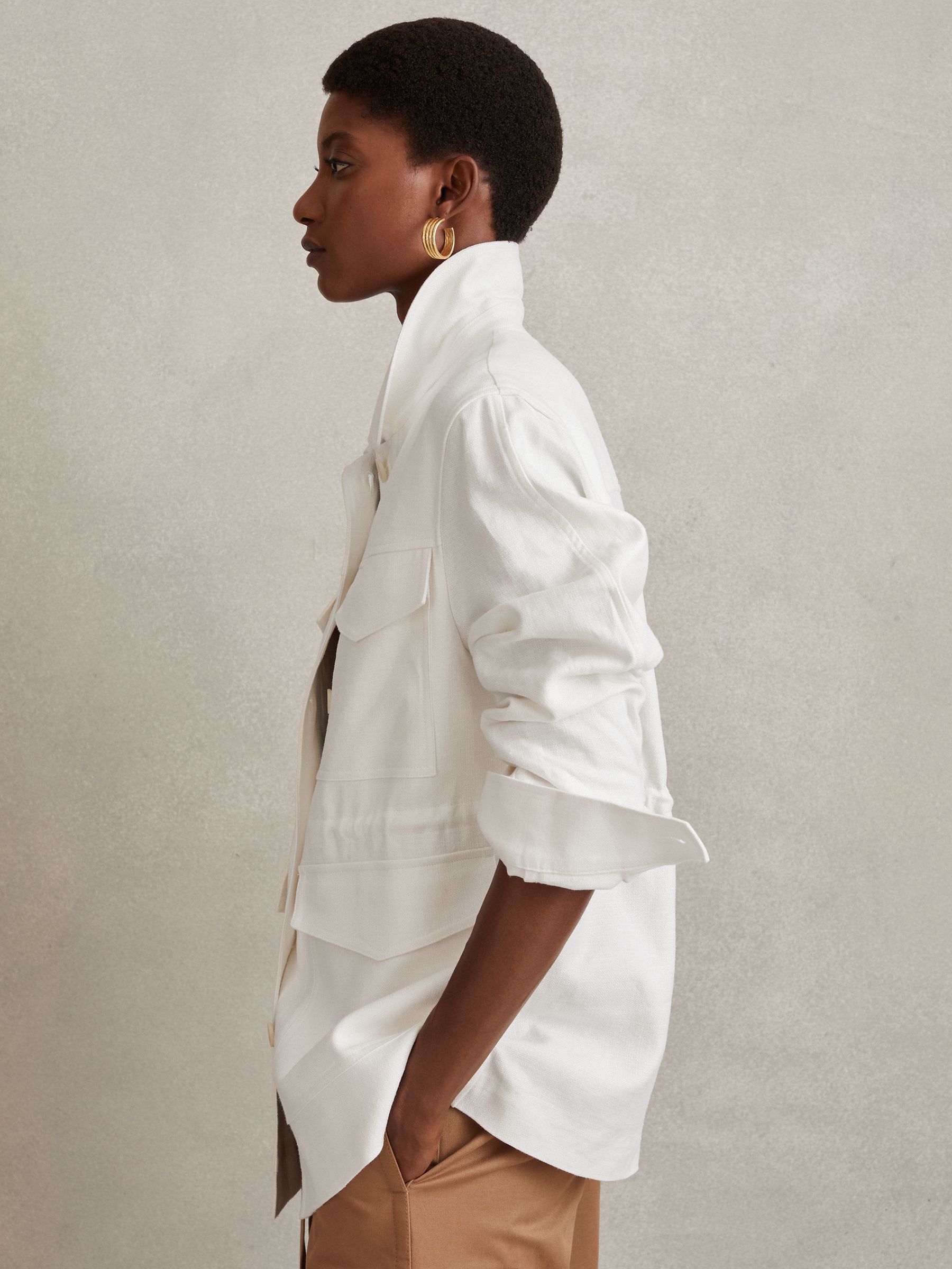 Linen Blend Drawstring Overshirt in White - Image 1 of 6