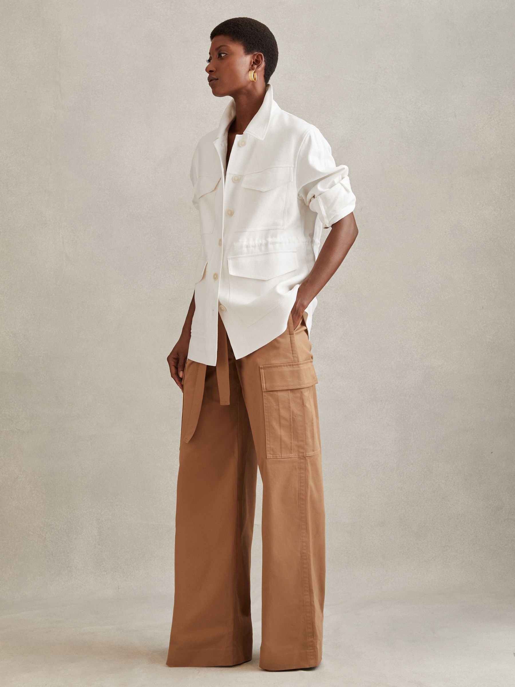 Linen Blend Drawstring Overshirt in White - Image 3 of 6