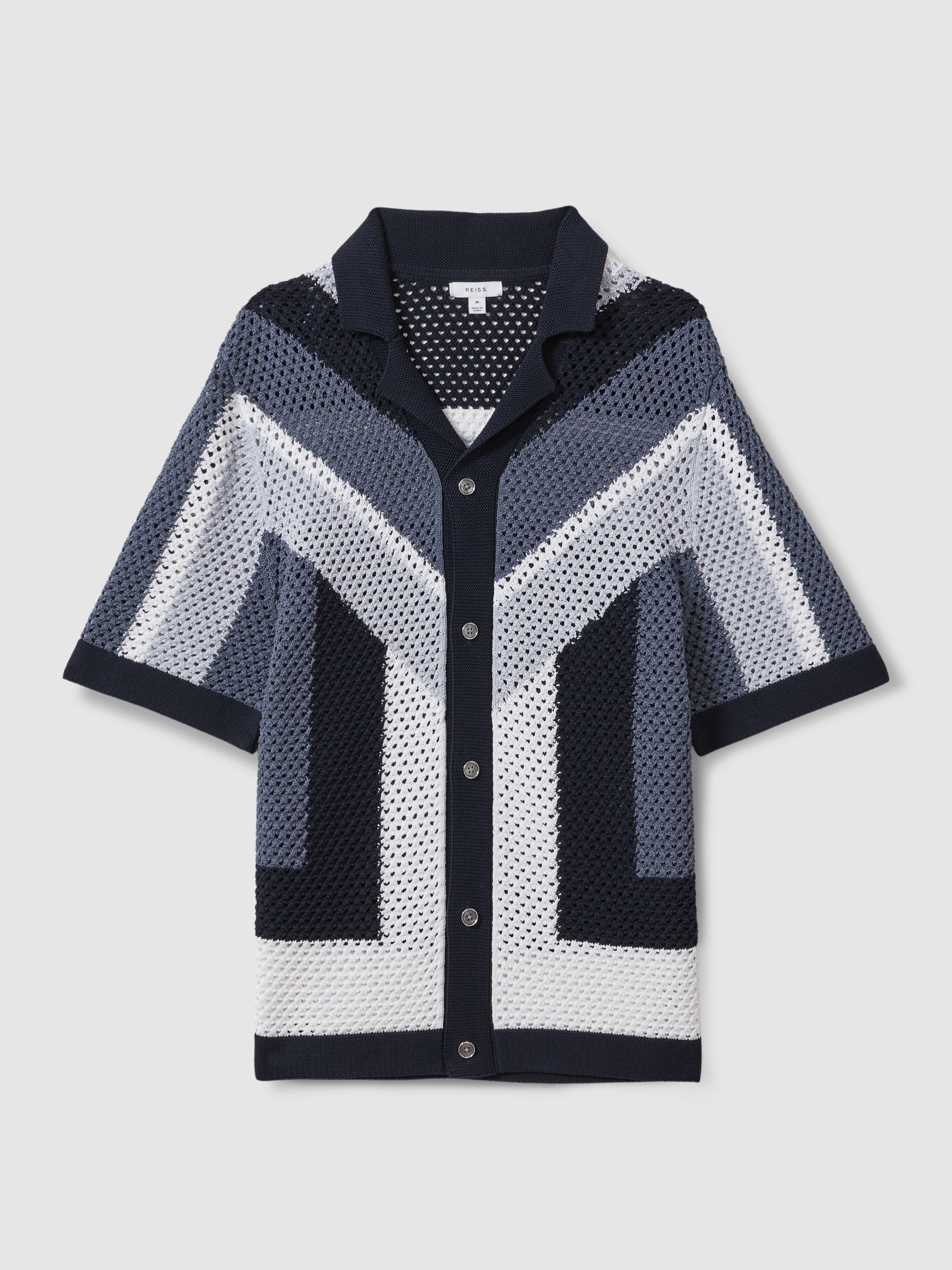 Cotton Blend Crochet Cuban Collar Shirt in Navy Multi - Image 2 of 4