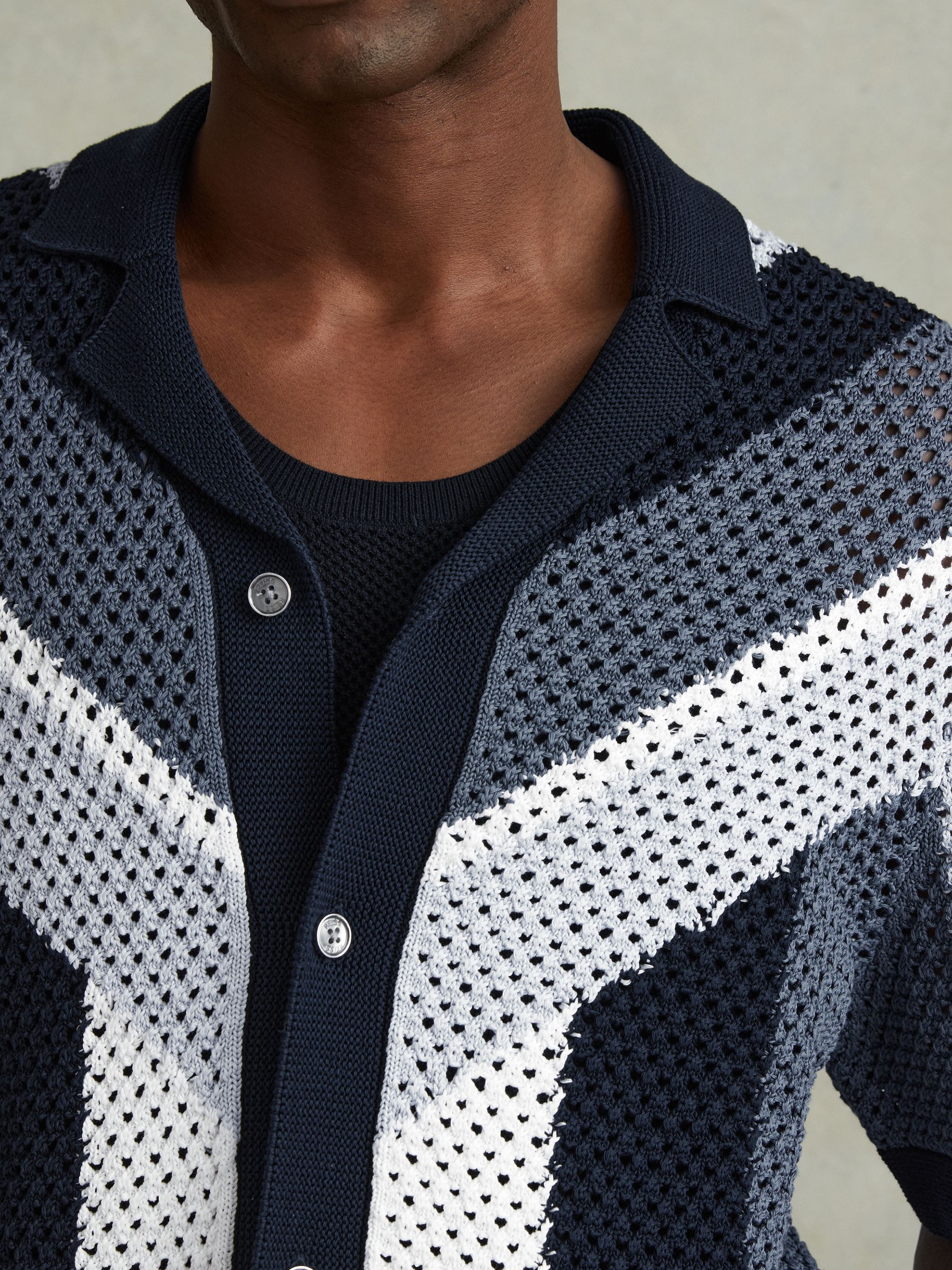 Cotton Blend Crochet Cuban Collar Shirt in Navy Multi - Image 3 of 4
