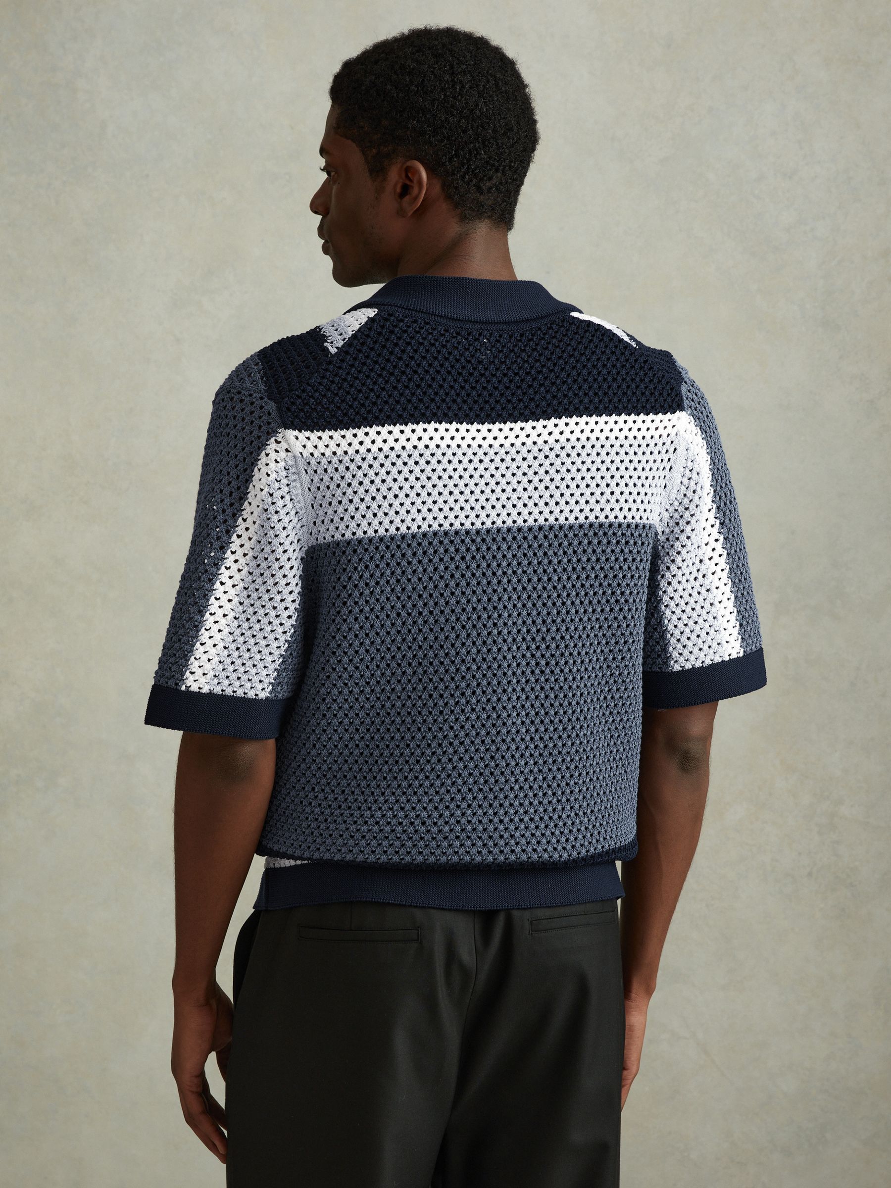 Cotton Blend Crochet Cuban Collar Shirt in Navy Multi - Image 4 of 4