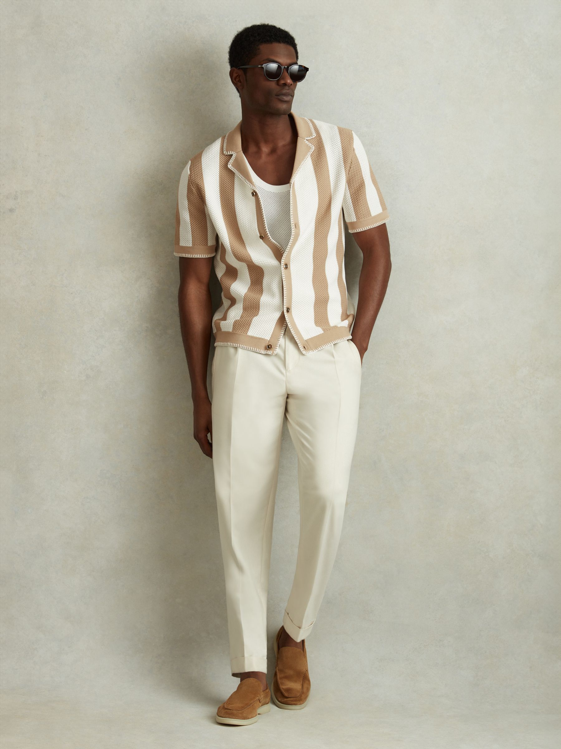 Knitted Cuban Collar Shirt in Stone/Optic White - Image 1 of 5